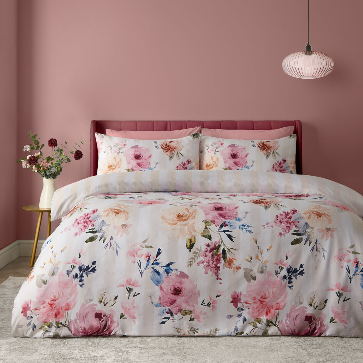 Catherine Lansfield Brushed Floral Stripe Duvet Cover Bedding Set Cream