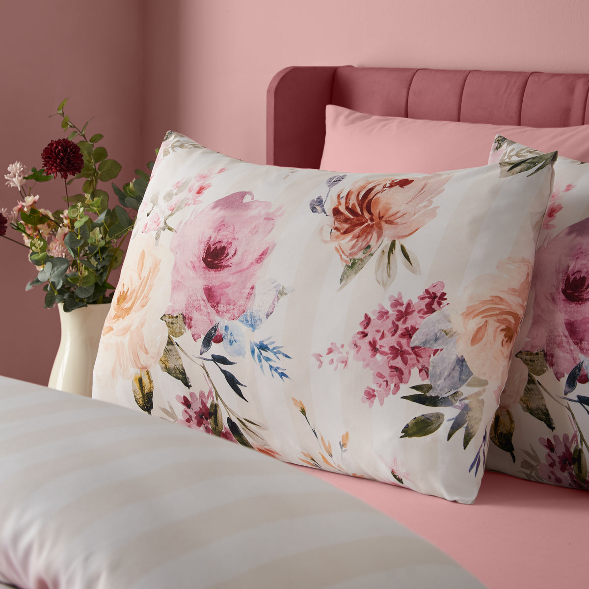 Catherine Lansfield Brushed Floral Stripe Duvet Cover Bedding Set Cream
