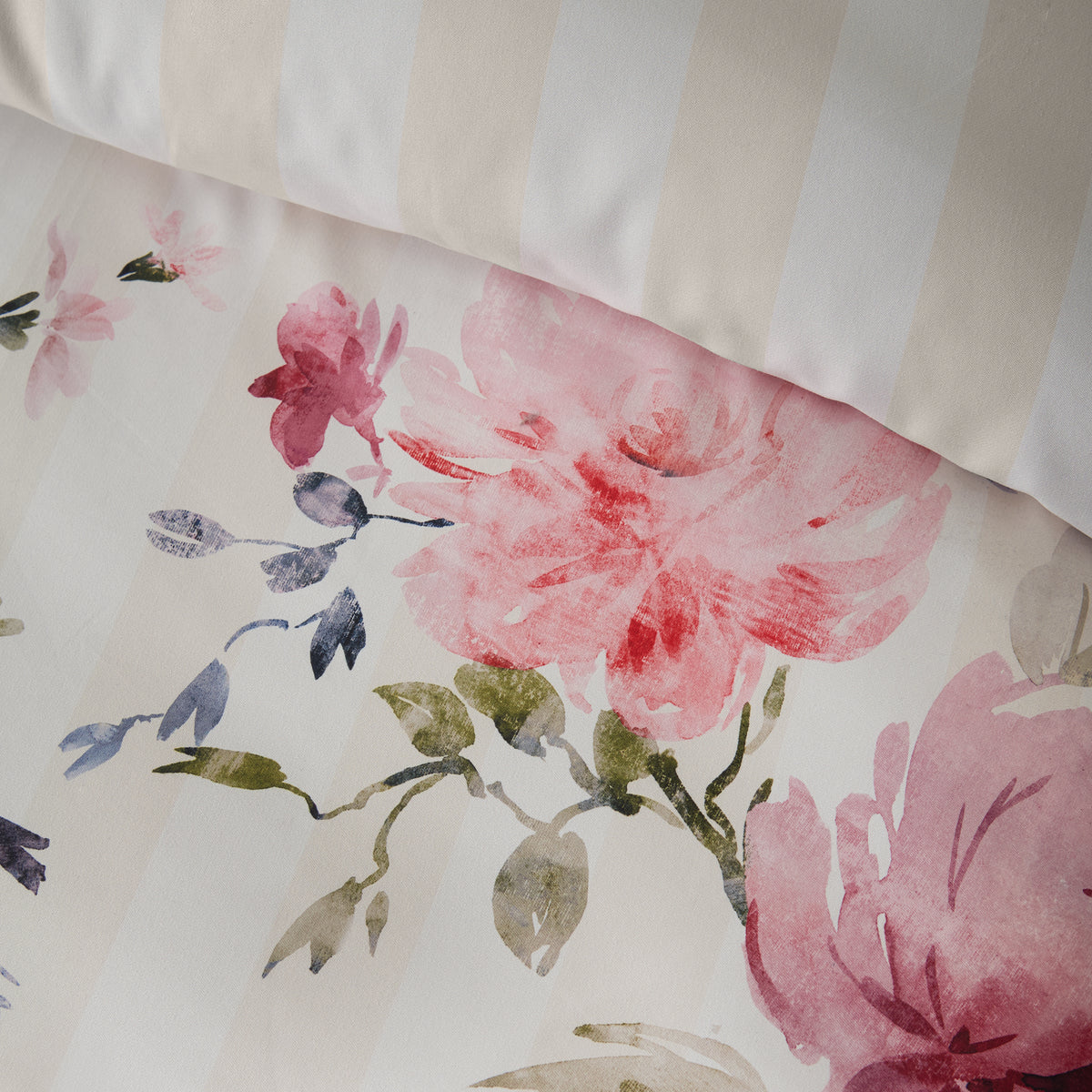Catherine Lansfield Brushed Floral Stripe Duvet Cover Bedding Set Cream