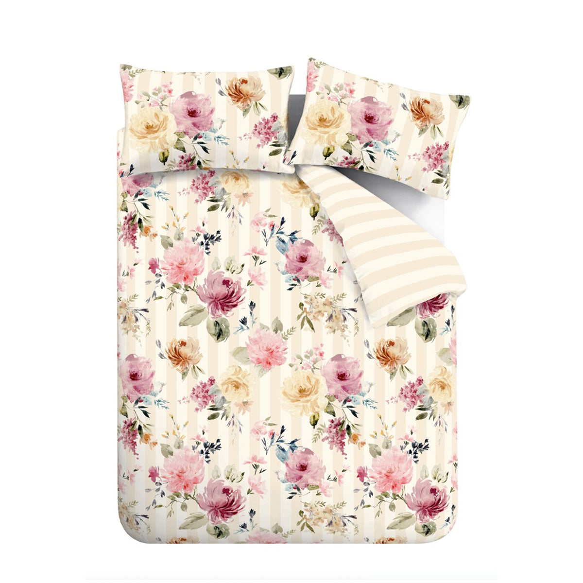 Catherine Lansfield Brushed Floral Stripe Duvet Cover Bedding Set Cream