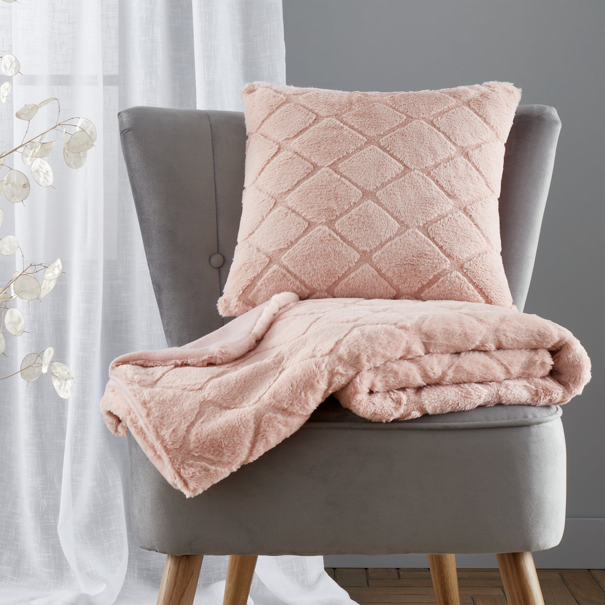 Catherine Lansfield Cosy Diamond Faux Fur Filled Cushion 43cm x 43cm Blush Pink