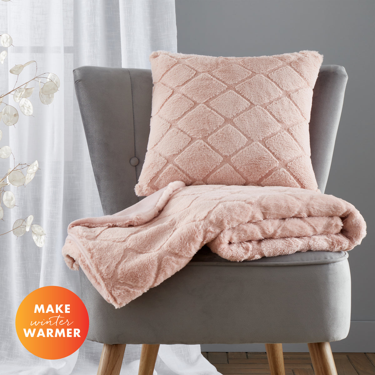 Catherine Lansfield Cosy Diamond Faux Fur Filled Cushion 43cm x 43cm Blush Pink