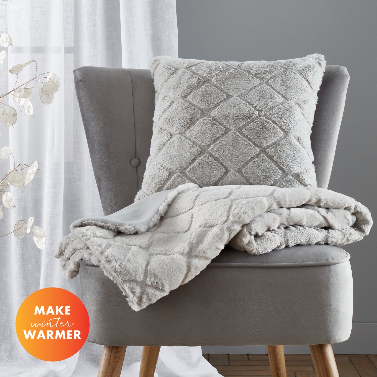 Catherine Lansfield Cosy Diamond Faux Fur Filled Cushion 43cm x 43cm Silver Grey