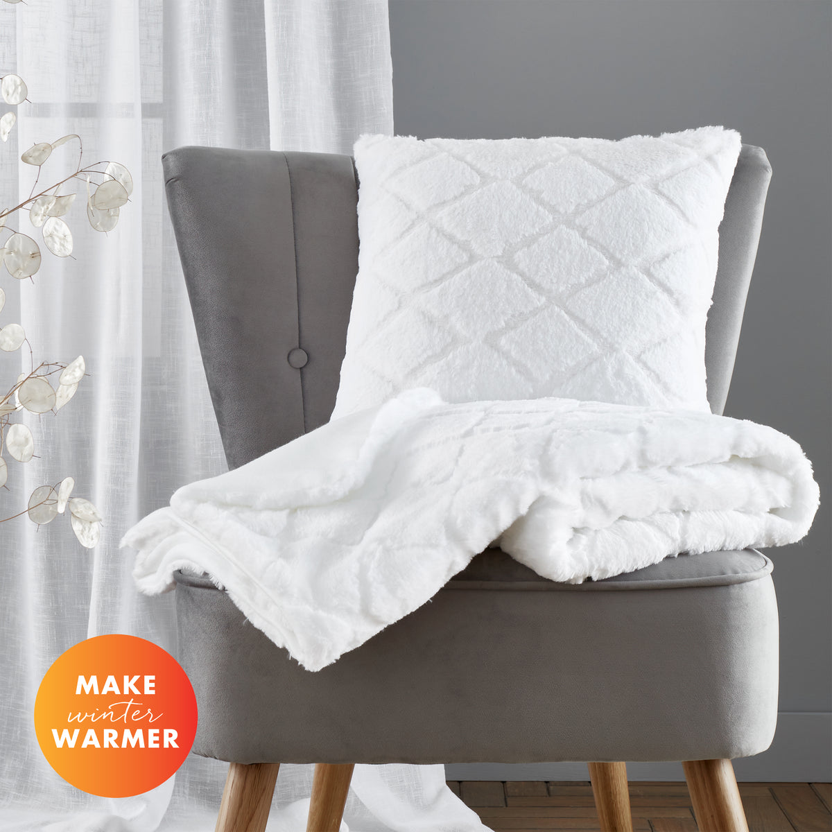 Catherine Lansfield Cosy Diamond Faux Fur Filled Cushion 43cm x 43cm White