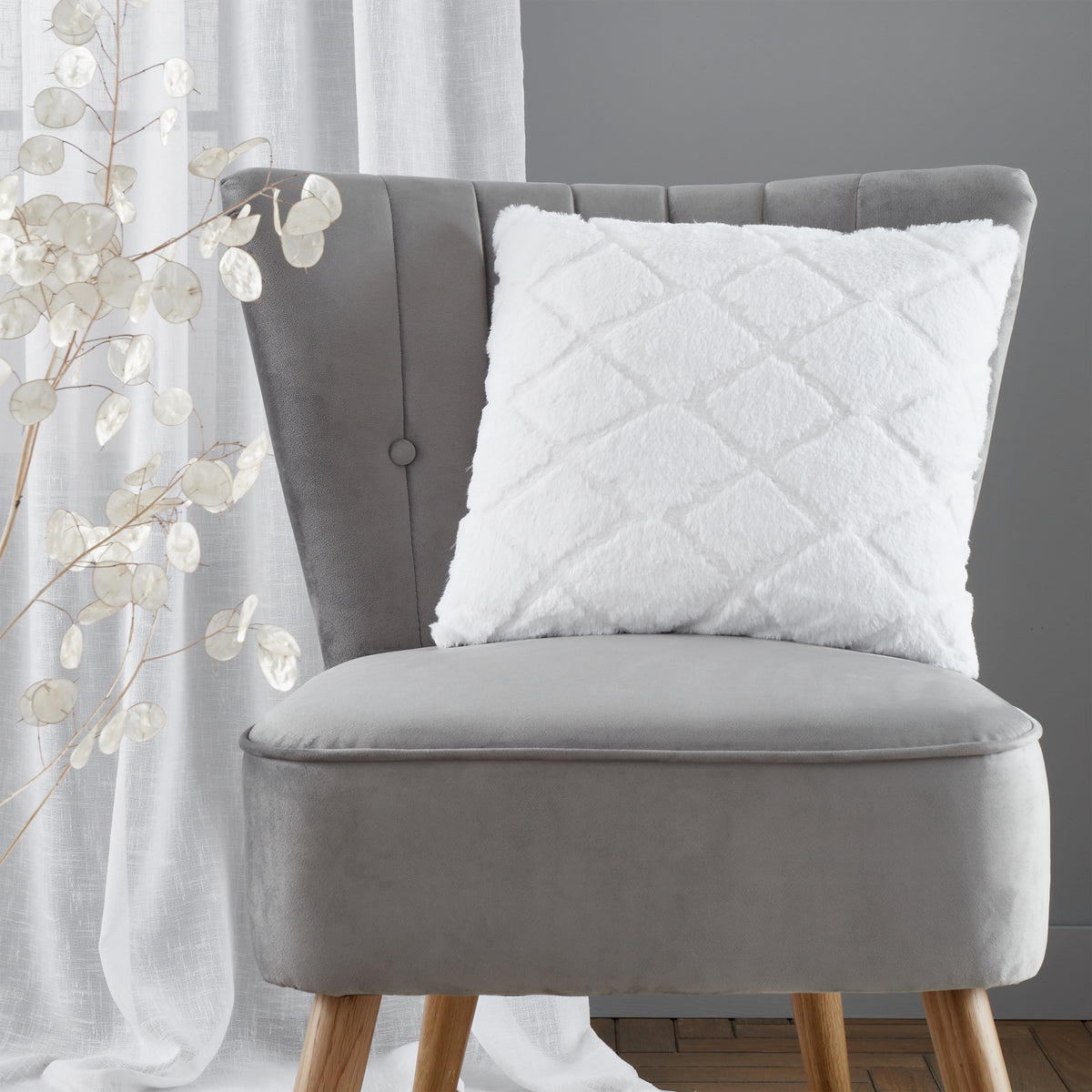 Catherine Lansfield Cosy Diamond Faux Fur Filled Cushion 43cm x 43cm White