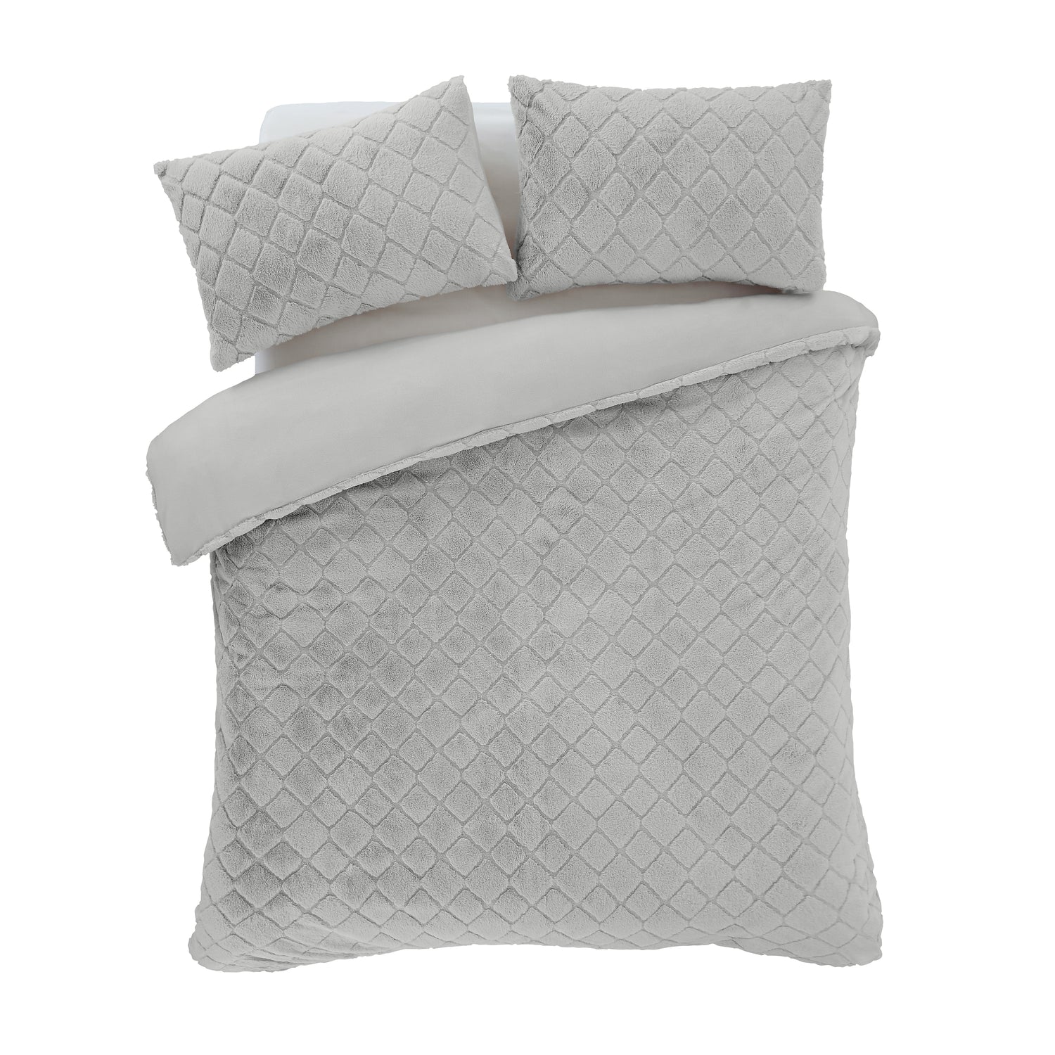 Catherine Lansfield Cosy Diamond Faux Fur Duvet Cover Bedding Set Silver