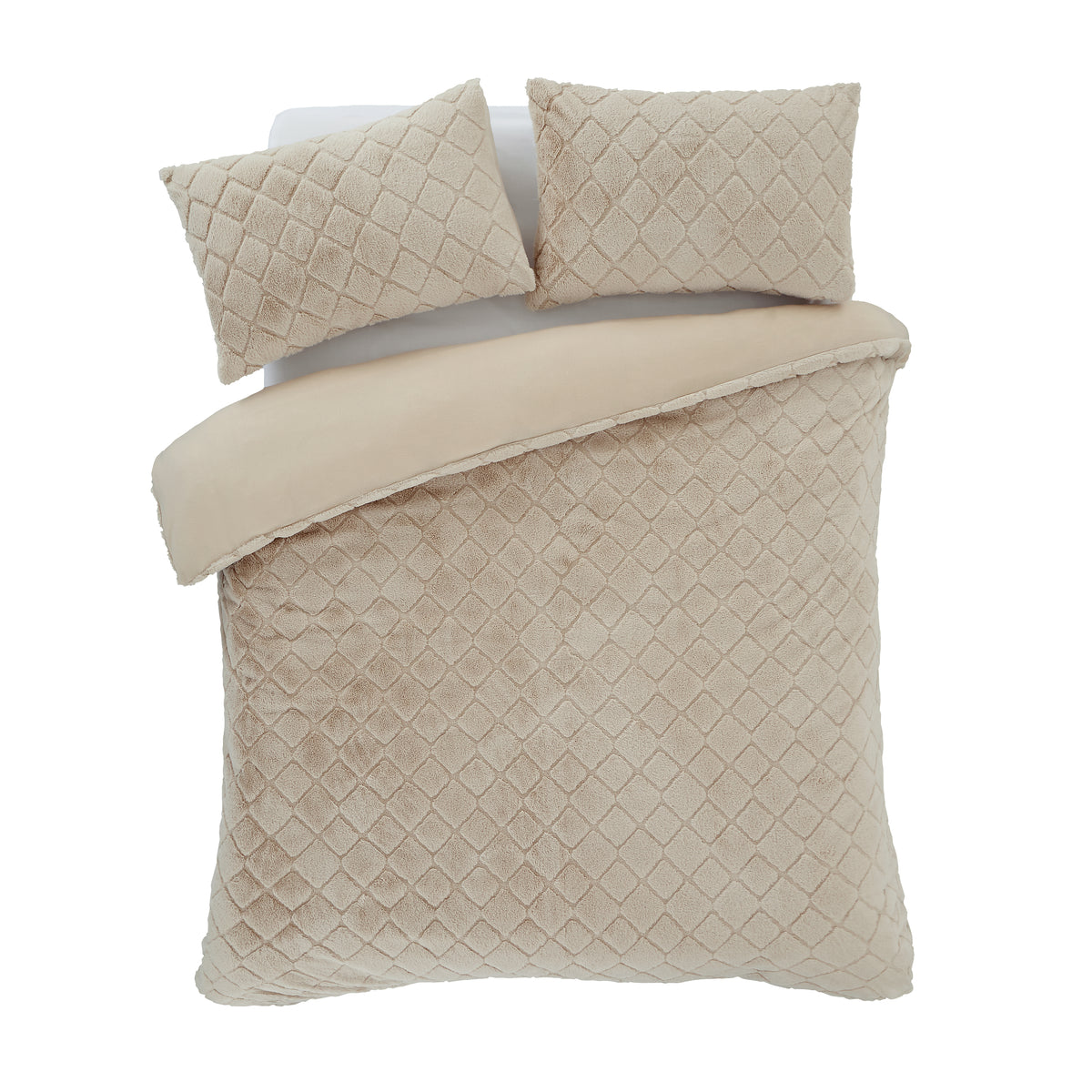 Catherine Lansfield Cosy Diamond Faux Fur Duvet Cover Bedding Set Natural