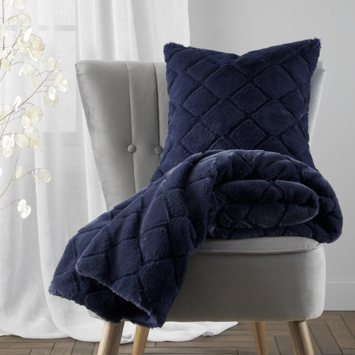 Catherine Lansfield Cosy Diamond Faux Fur Filled Cushion 43cm x 43cm Navy Blue