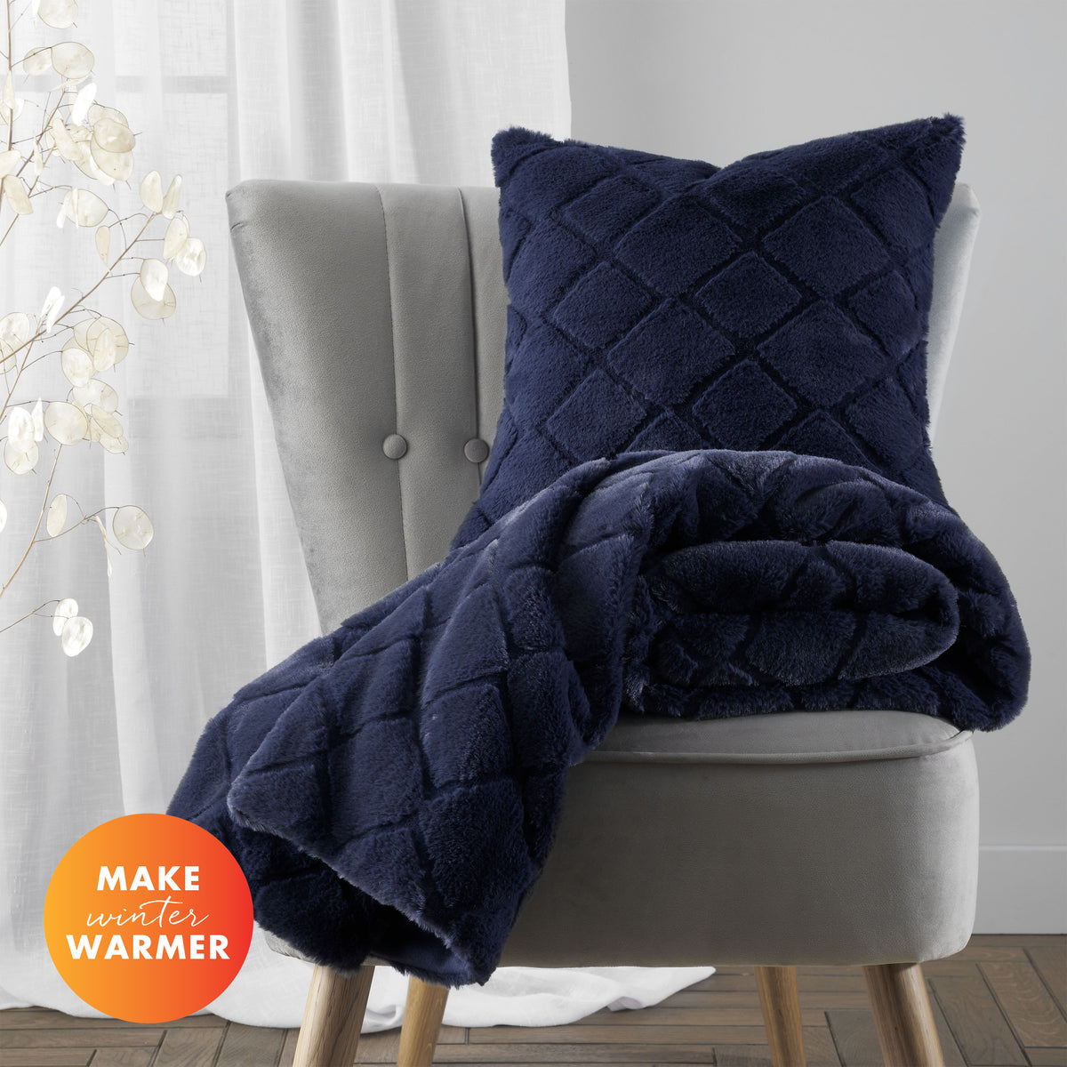 Catherine Lansfield Cosy Diamond Faux Fur 130cmx170cm Throw Navy Blue