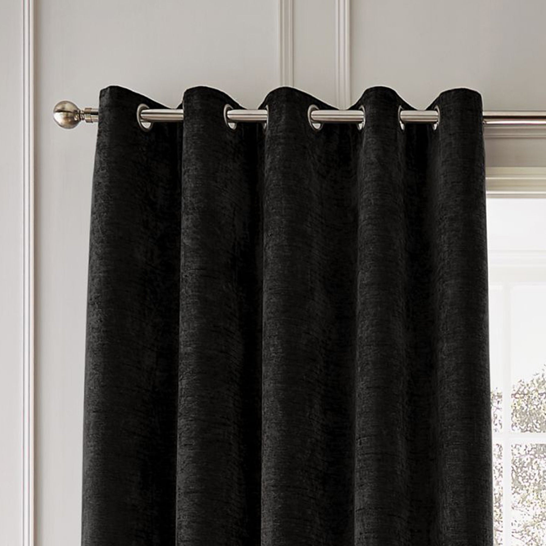 Hyperion Selene Luxury Chenille Ready Made Eyelet Curtains Black