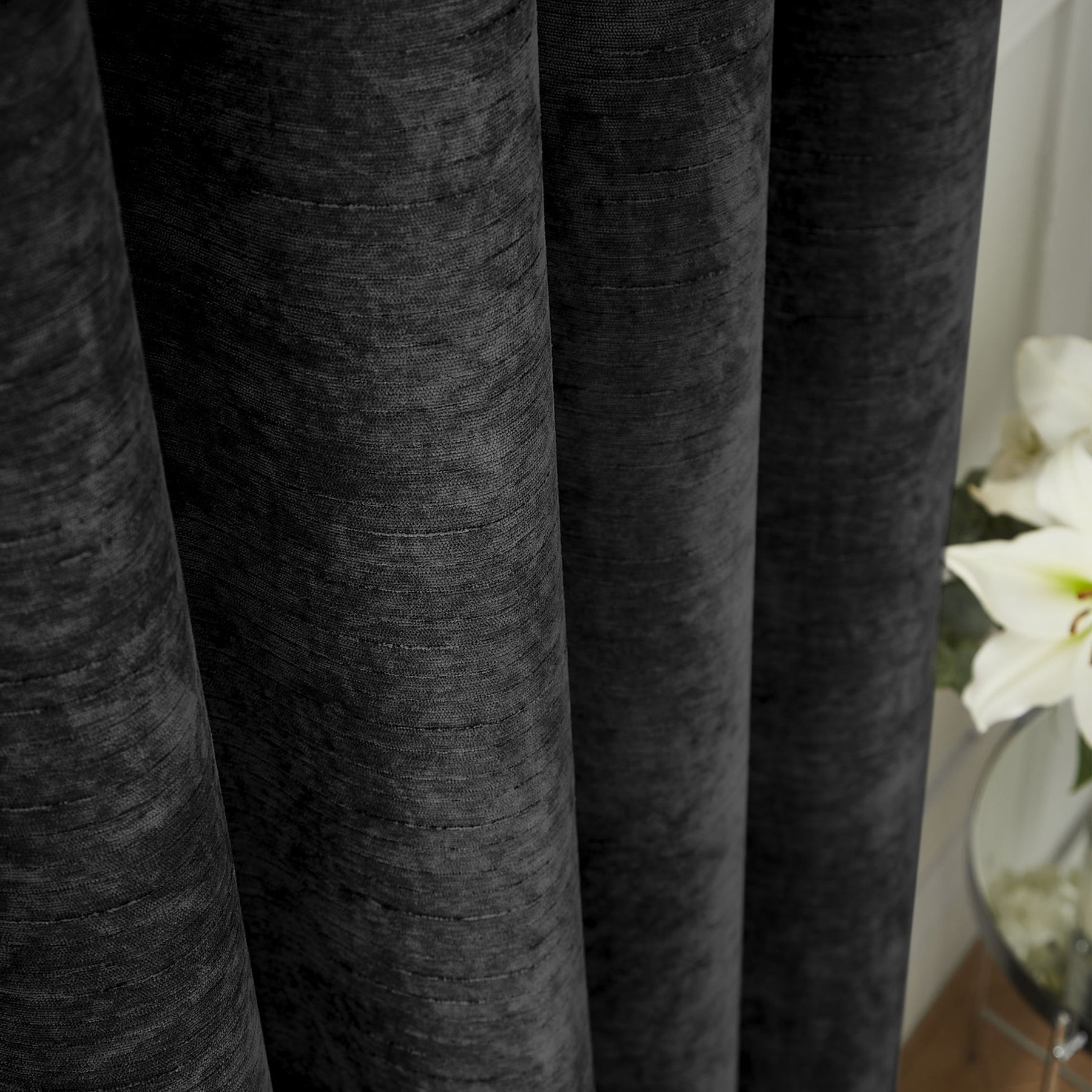 Hyperion Selene Luxury Chenille Ready Made Eyelet Curtains Black