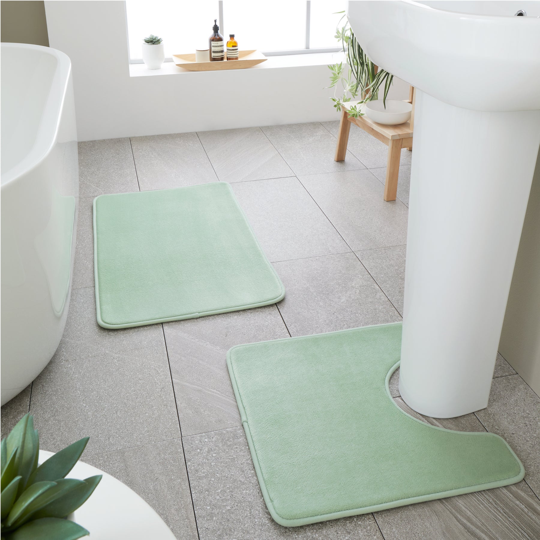 Catherine Lansfield Anti Bacterial Memory Foam Bath Mat and Pedestal Mat Sage