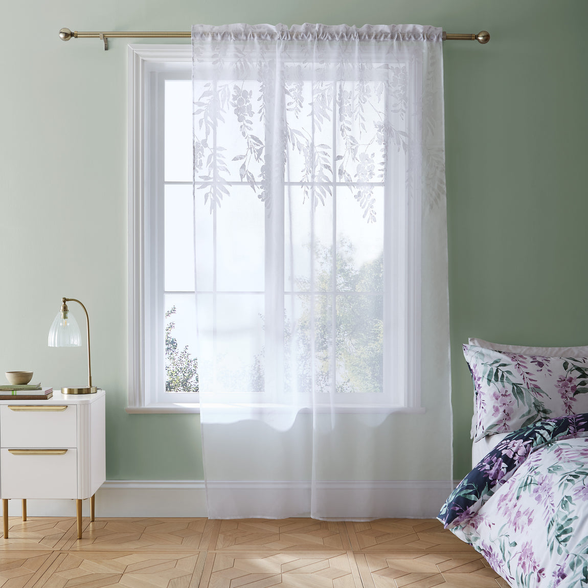 Catherine Lansfield Wisteria Floral Ready Made Single Voile Curtain White