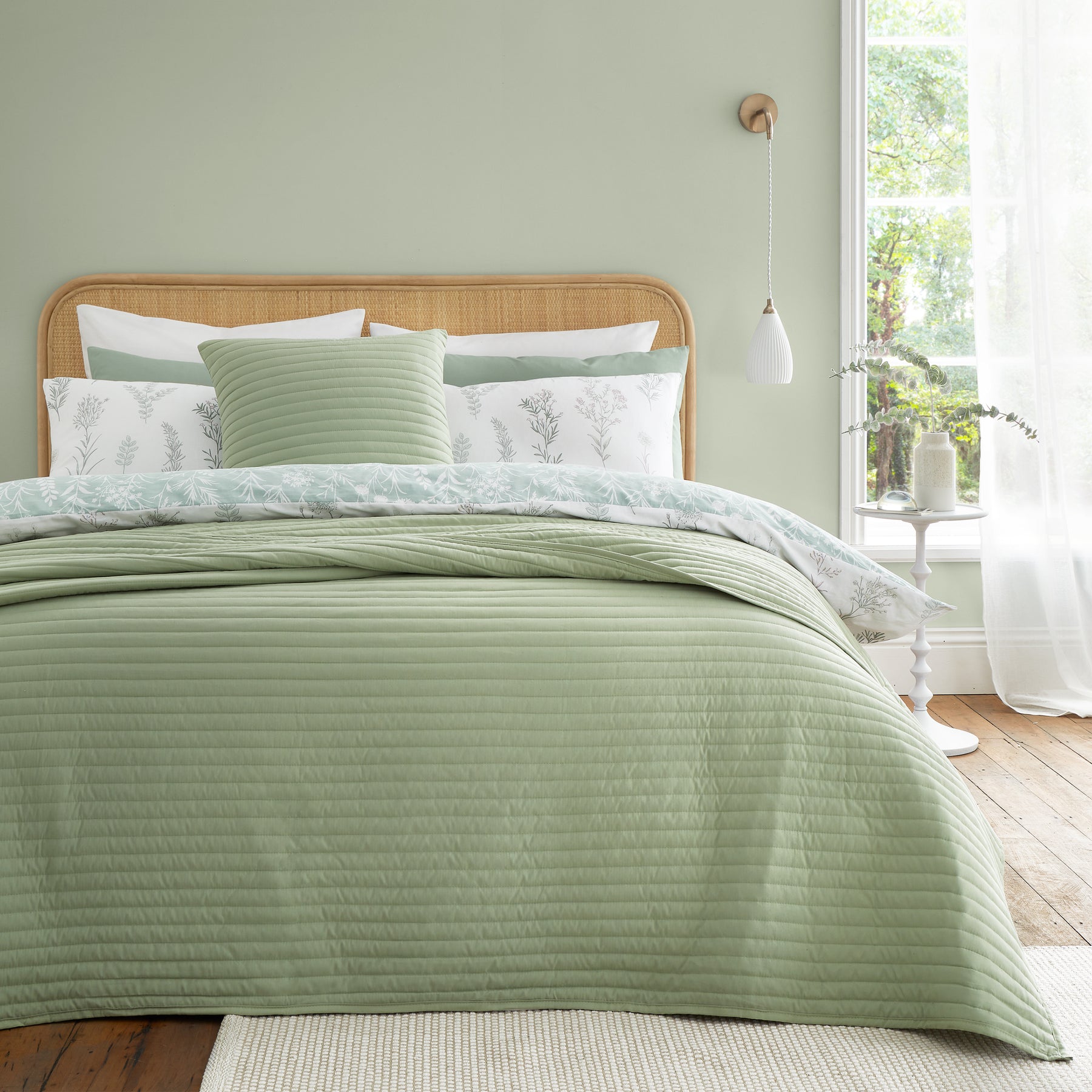 Bianca Quilted Lines 220cm x 230cm Bedspread Sage Green