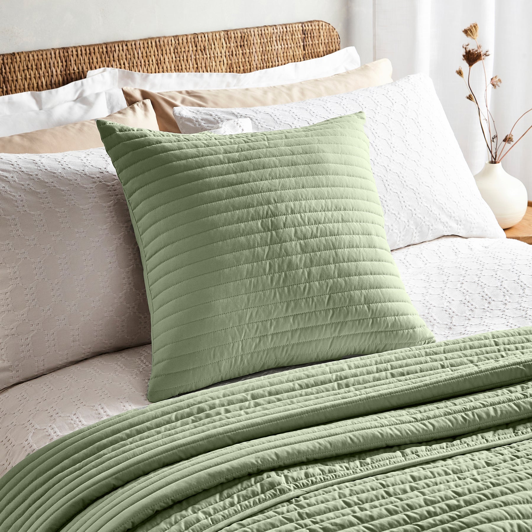 Bianca Quilted Lines 55cm x 55cm Filled Cushion Sage Green