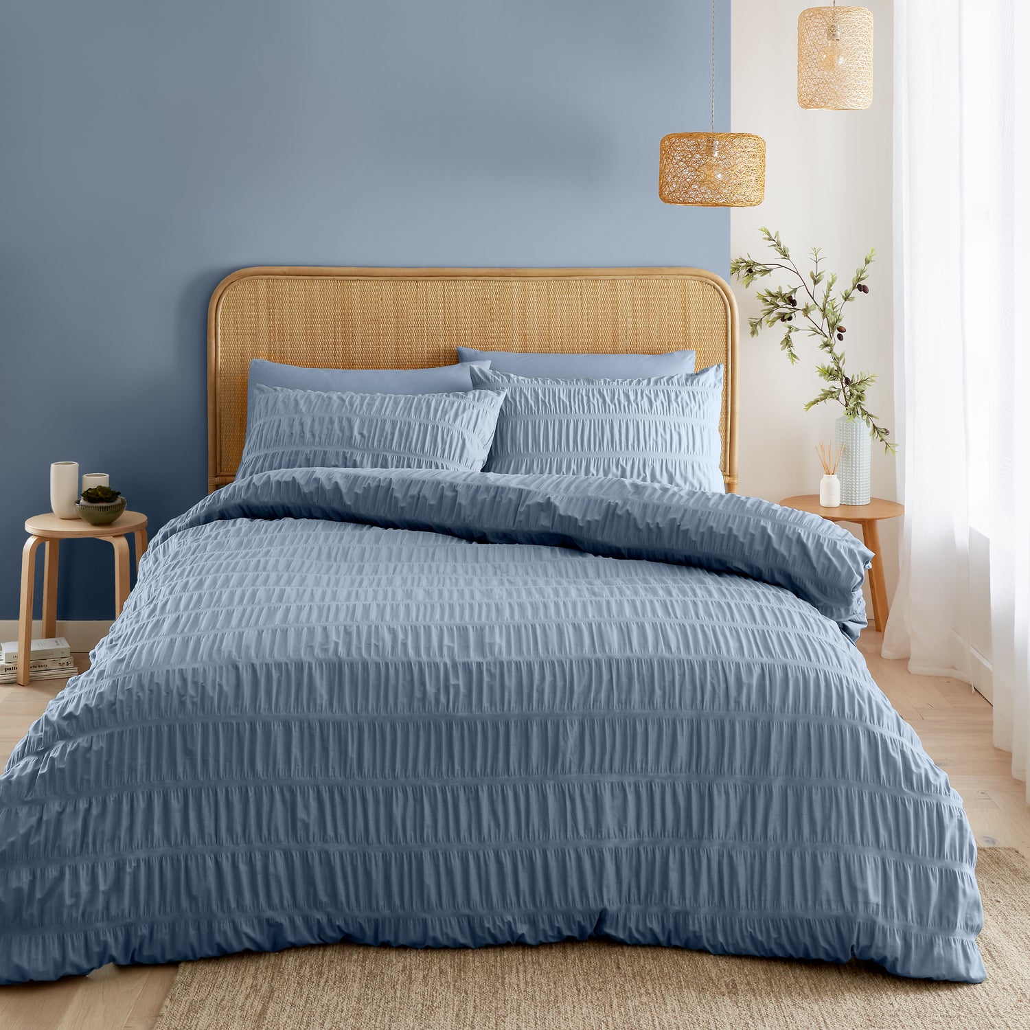 Catherine Lansfield Seersucker Duvet Cover Bedding Set Lansfield Blue