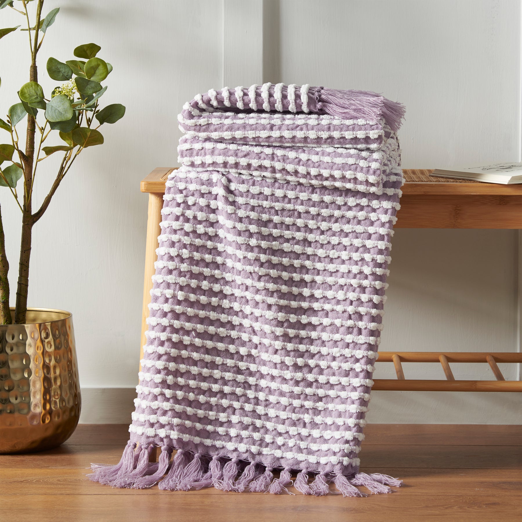 Catherine Lansfield Stab Stitch 125cm x 150cm Tassel Throw Purple