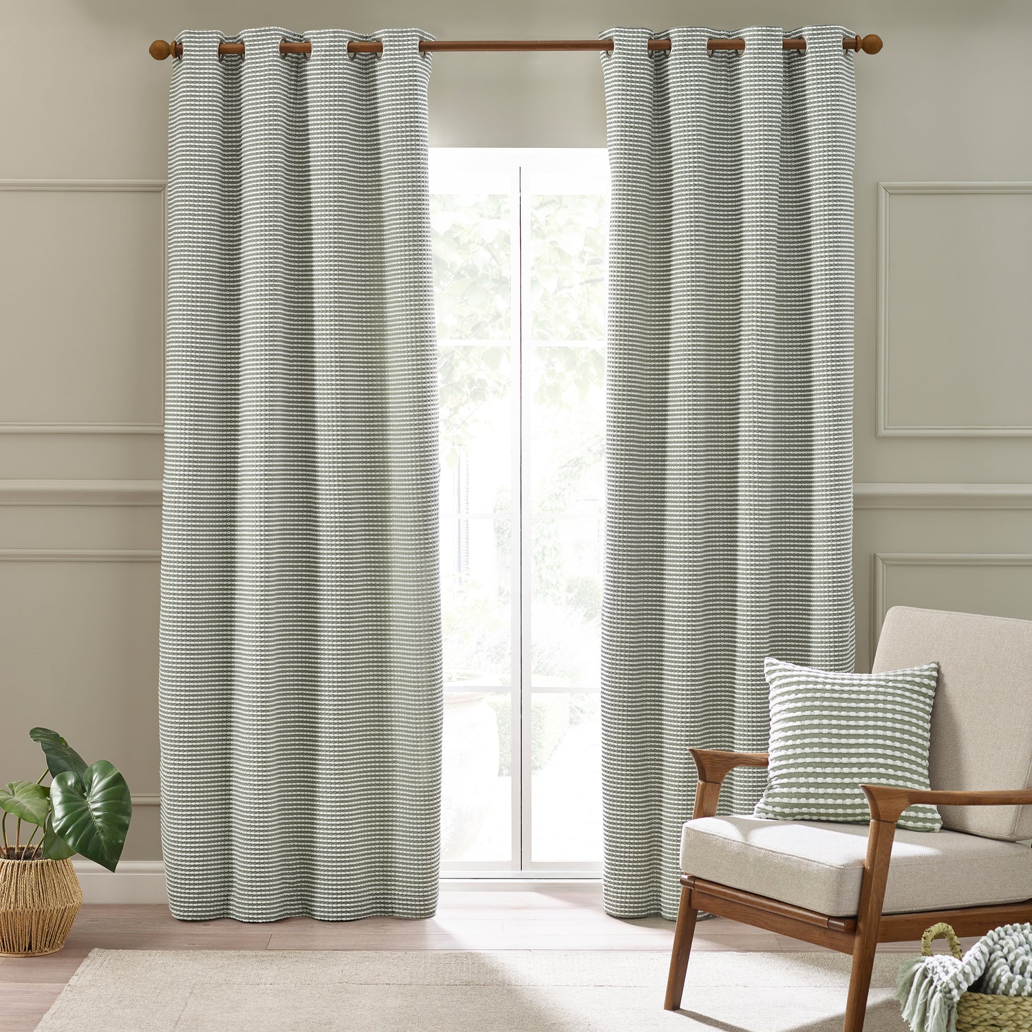 Catherine Lansfield Stab Stitch Ready Made Eyelet Curtains Sage