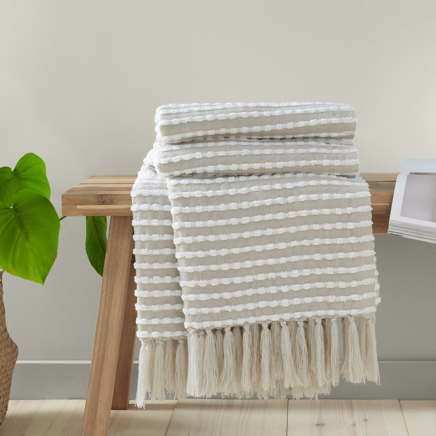 Catherine Lansfield Stab Stitch 125cm x 150cm Tassel Throw Neutral
