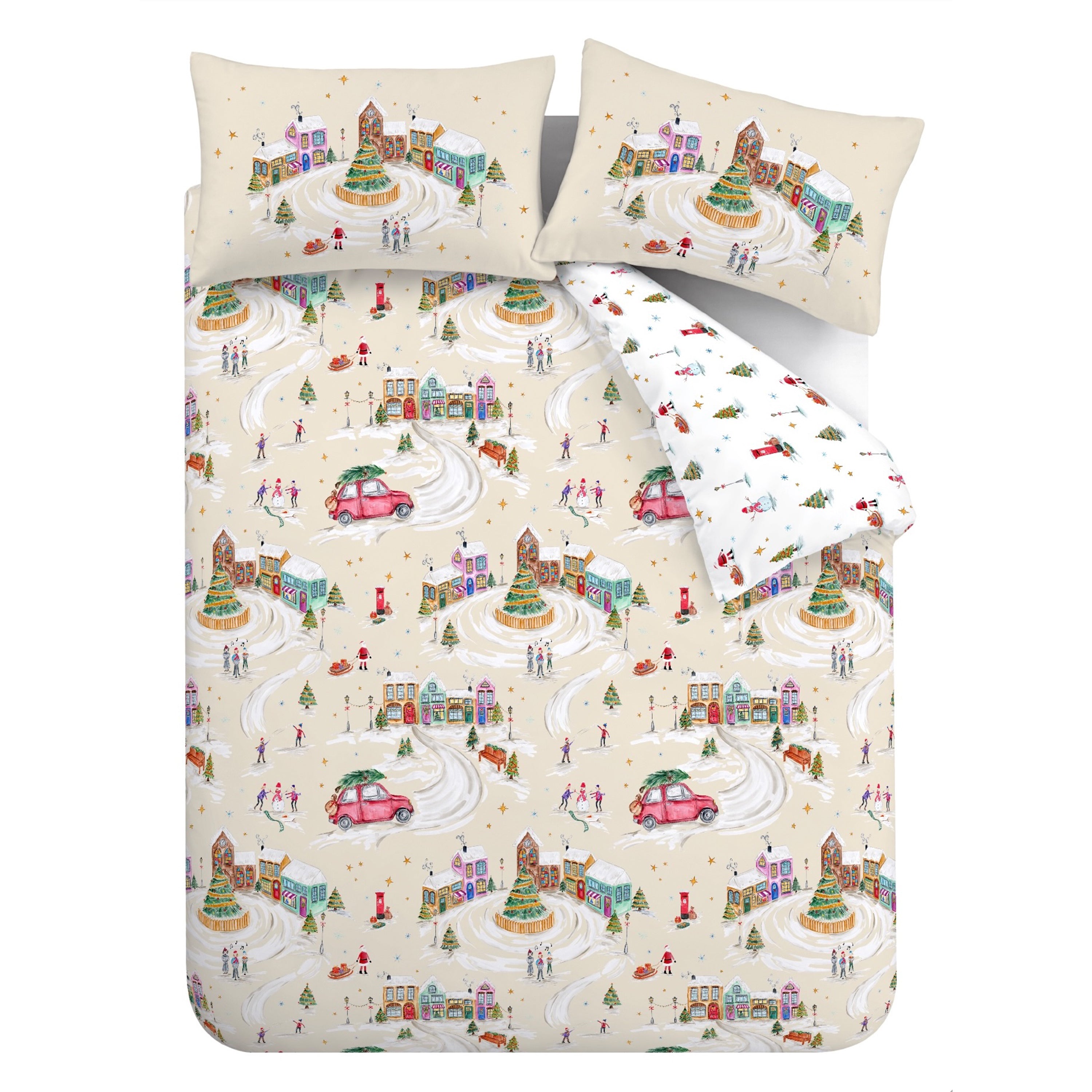 Natural Catherine Lansfield Christmas Town Reversible Duvet Cover