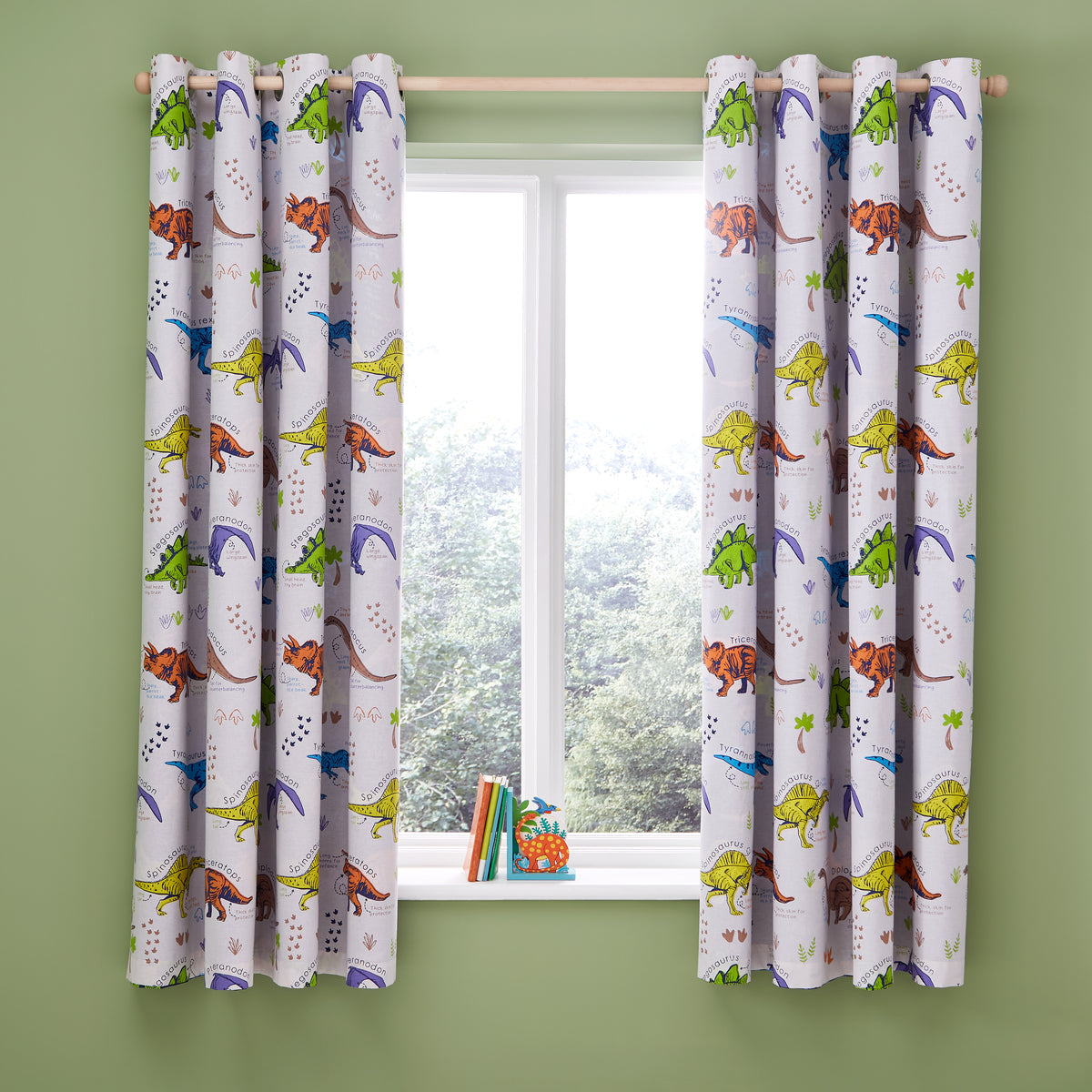 Catherine Lansfield Prehistoric Dinosaur Fully 66x72 Ready Made Eyelet Curtains Natural