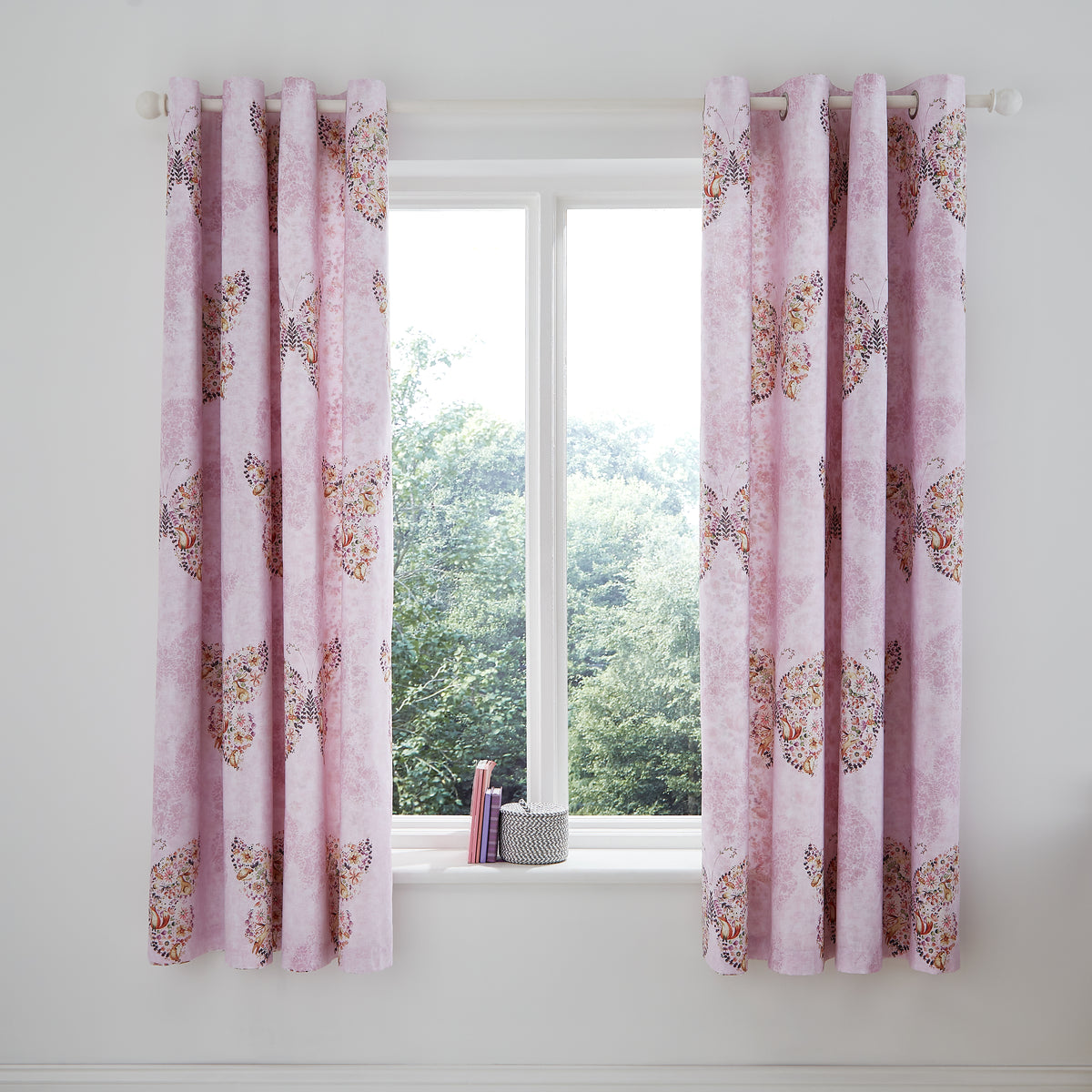 Catherine Lansfield Enchanted Butterfly Fully 66x72 Ready Made Eyelet Curtains Pink