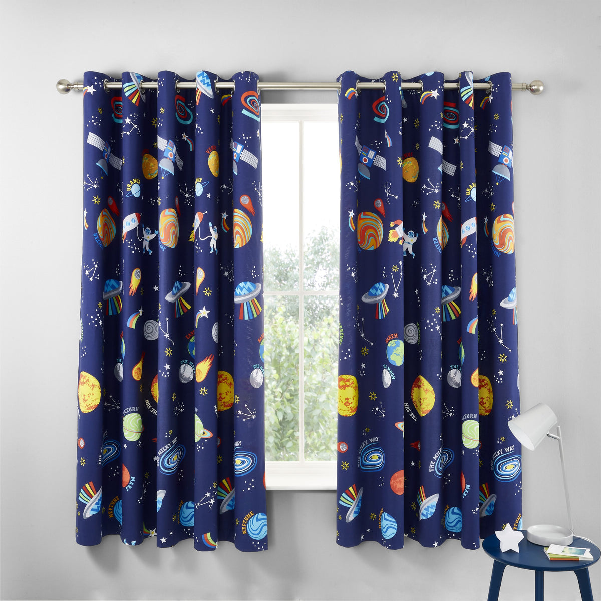 Catherine Lansfield Lost In Space 66x72 Ready Made Eyelet Curtains Blue