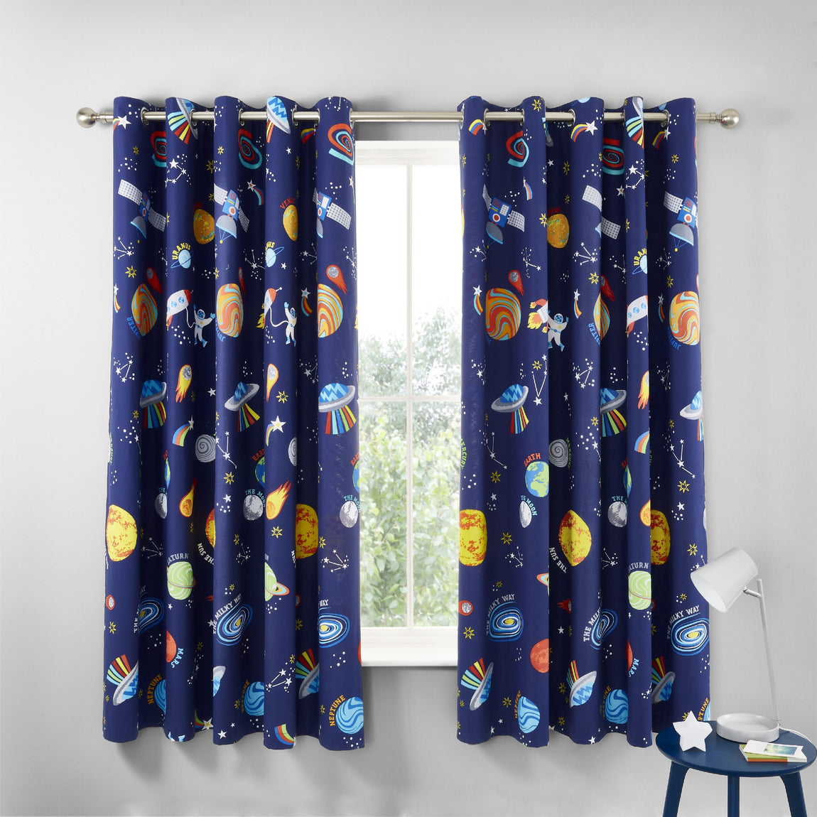 Catherine Lansfield Lost In Space 66x72 Ready Made Eyelet Curtains Blue