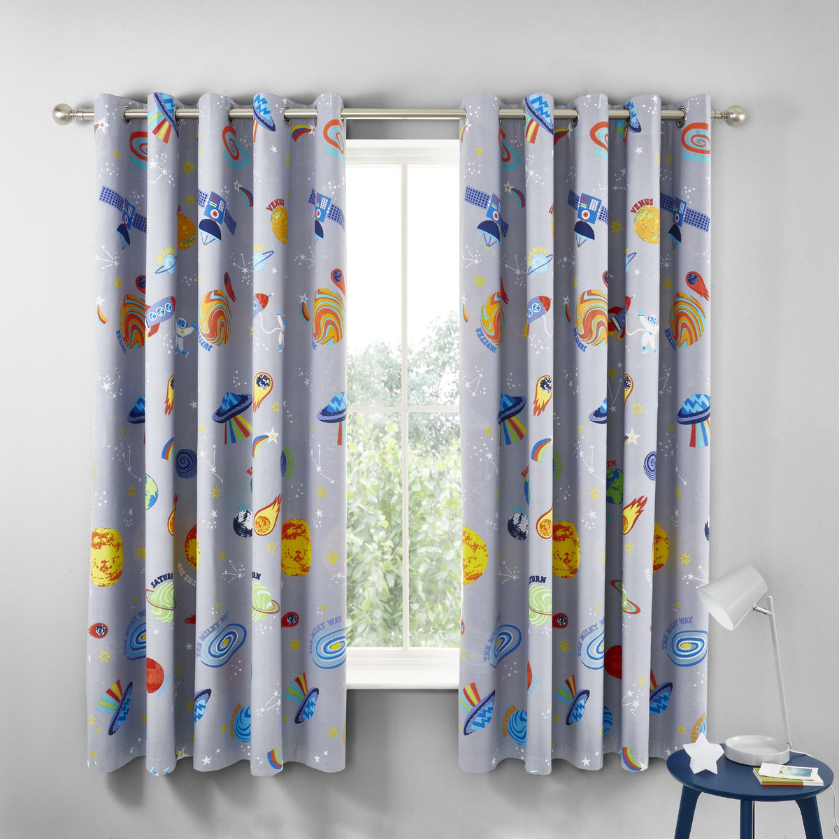 Catherine Lansfield Lost In Space 66x72 Ready Made Eyelet Curtains Blue