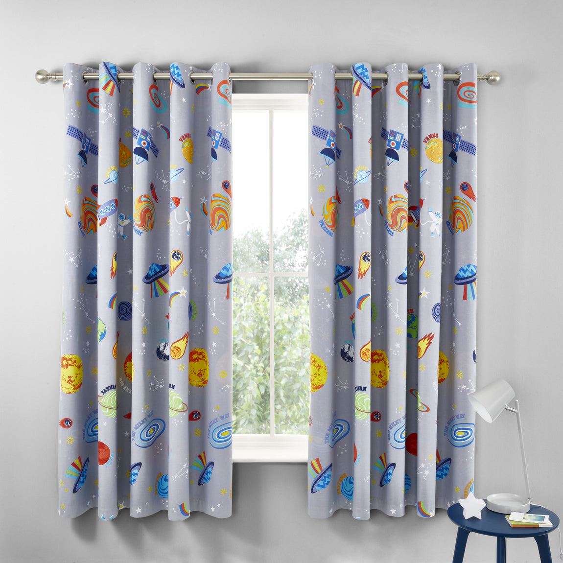 Catherine Lansfield Lost In Space 66x72 Ready Made Eyelet Curtains Blue