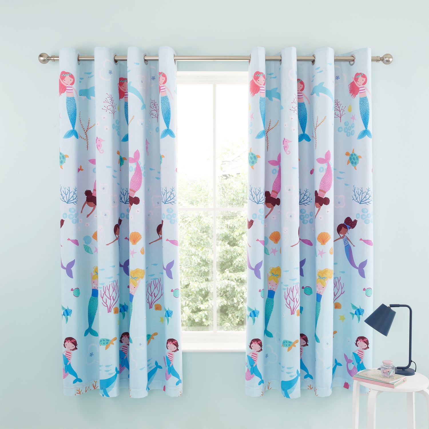 Catherine Lansfield Mermaid 66x72 Ready Made Eyelet Curtains Blue
