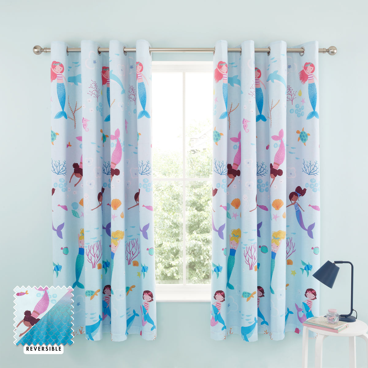 Catherine Lansfield Mermaid 66x72 Ready Made Eyelet Curtains Blue