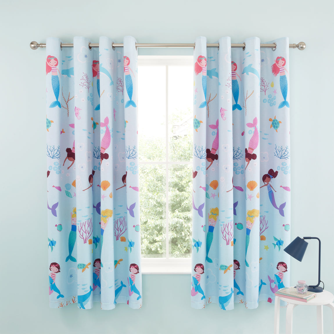 Catherine Lansfield Mermaid 66x72 Ready Made Eyelet Curtains Blue