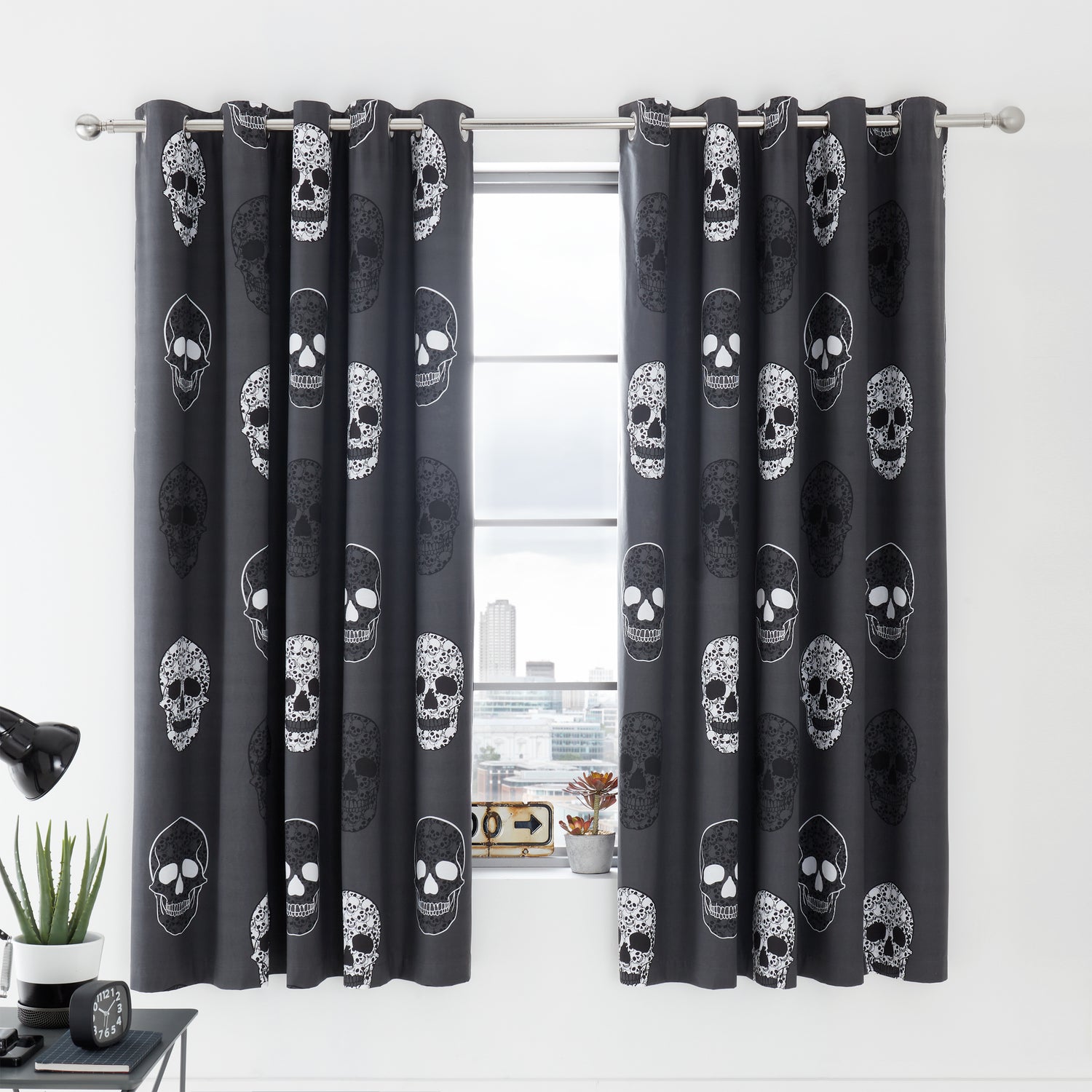 Catherine Lansfield Skulls Fully 66'' x 72'' Ready Made Eyelet Curtains Grey