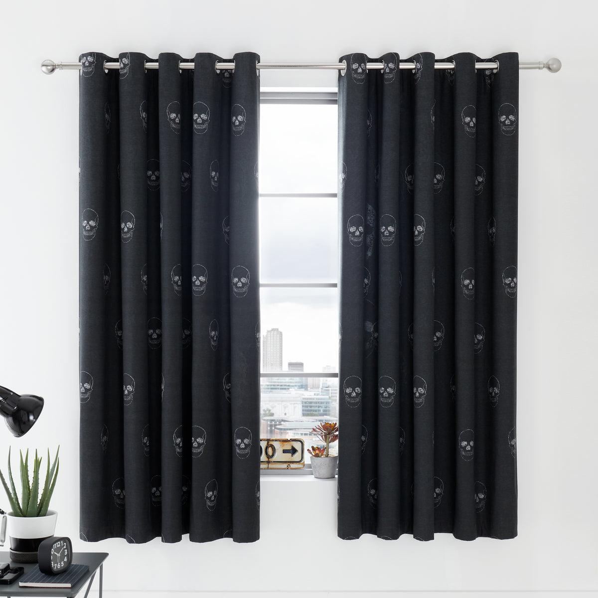 Catherine Lansfield Skulls Fully 66'' x 72'' Ready Made Eyelet Curtains Grey