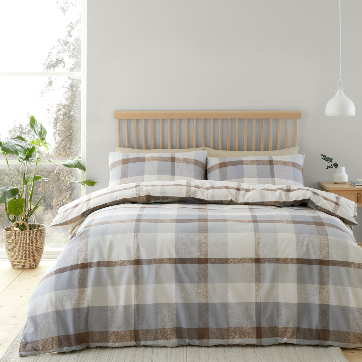 Catherine Lansfield Brushed Check Duvet Cover Bedding Set Natural