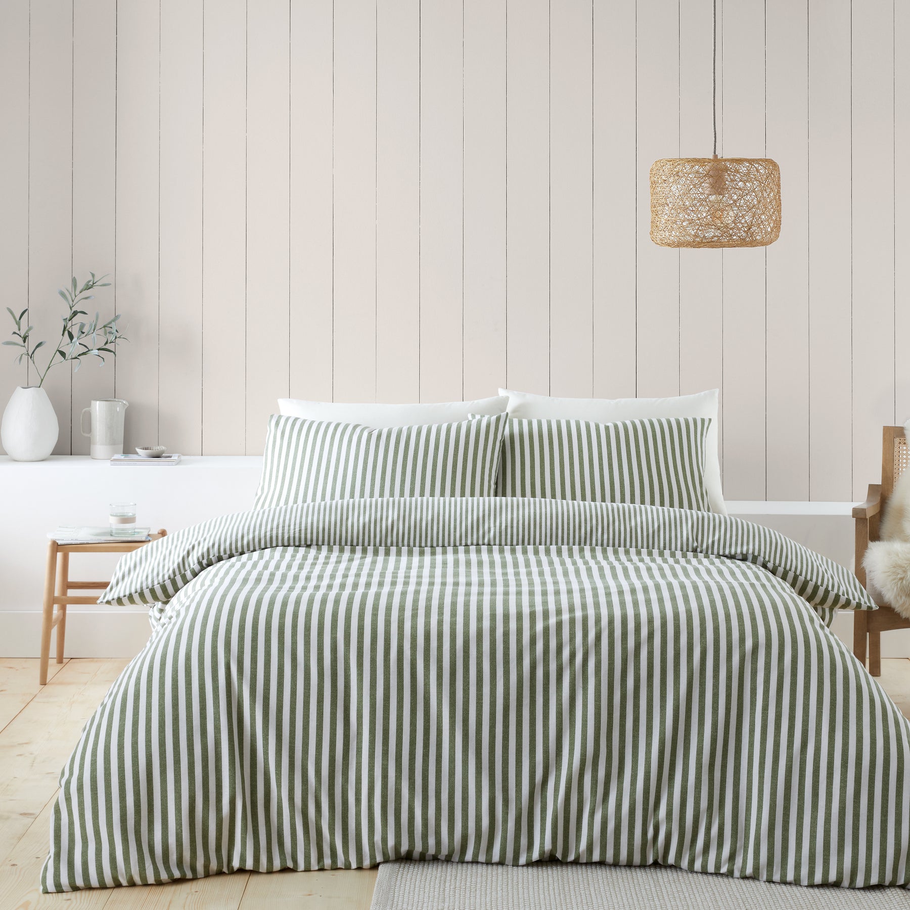 Catherine Lansfield Brushed Stripe Duvet Cover Bedding Set Green