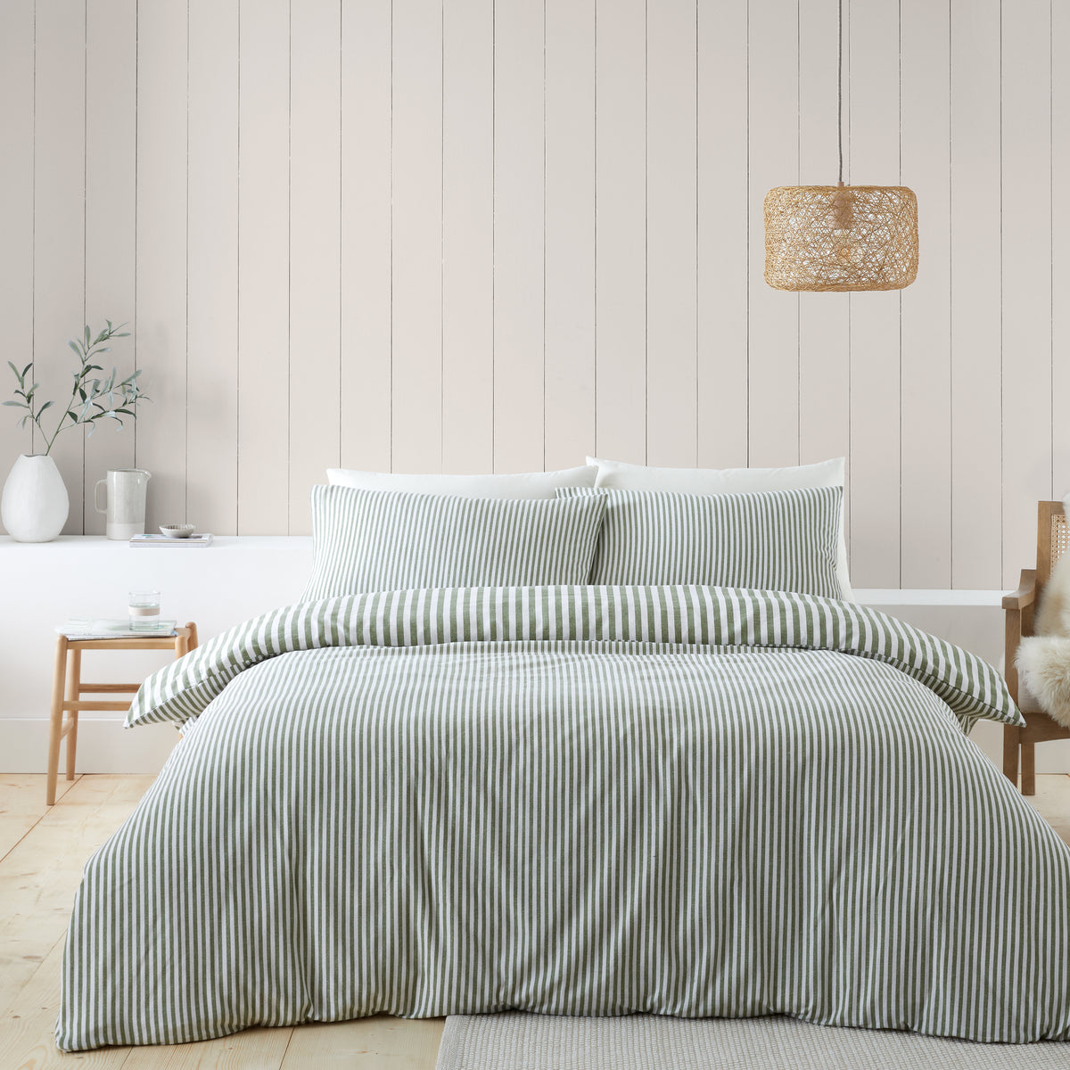 Catherine Lansfield Brushed Stripe Duvet Cover Bedding Set Green
