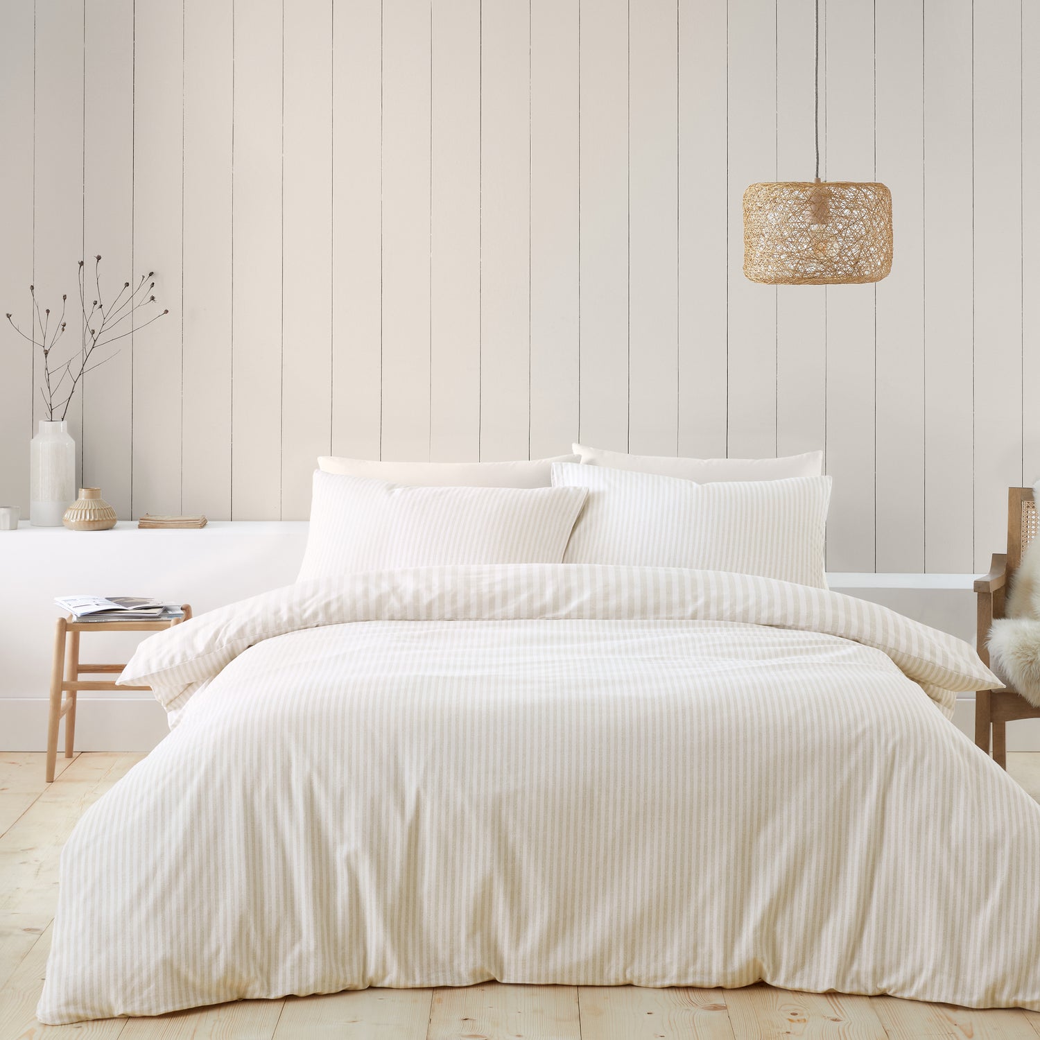 Catherine Lansfield Stripe Brushed Duvet Cover Bedding Set Natural