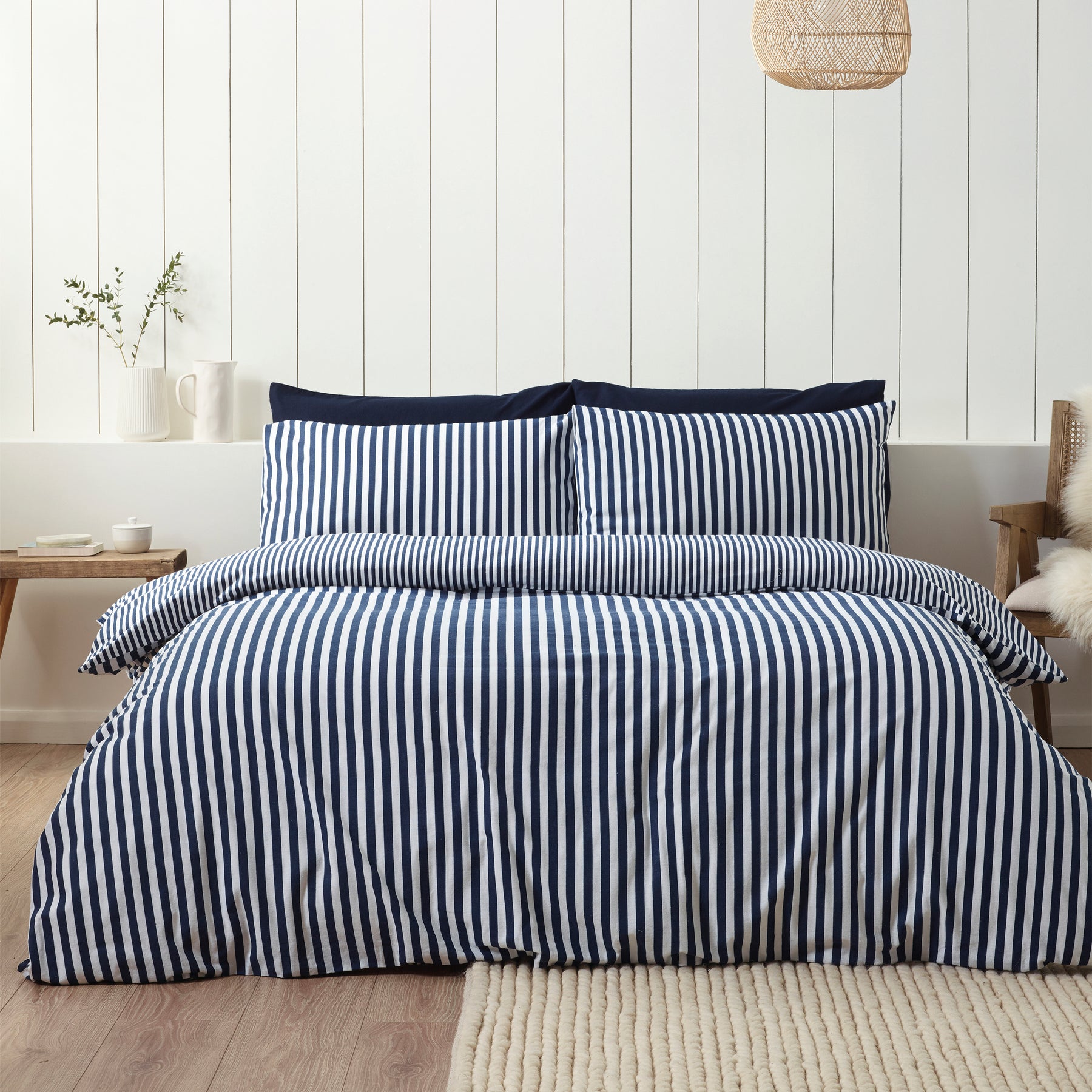 Catherine Lansfield Brushed Stripe Duvet Cover Bedding Set Navy