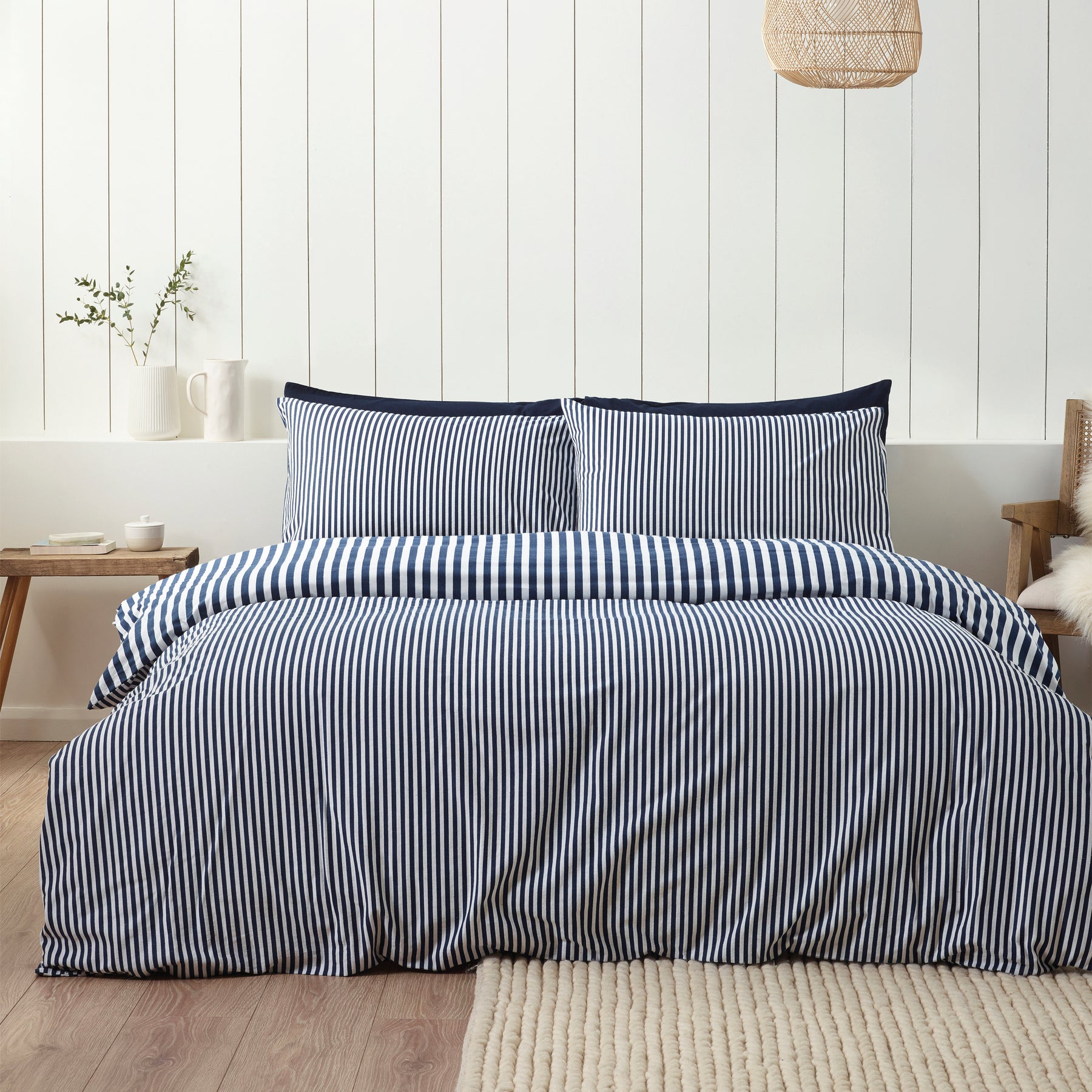 Catherine Lansfield Brushed Stripe Duvet Cover Bedding Set Navy