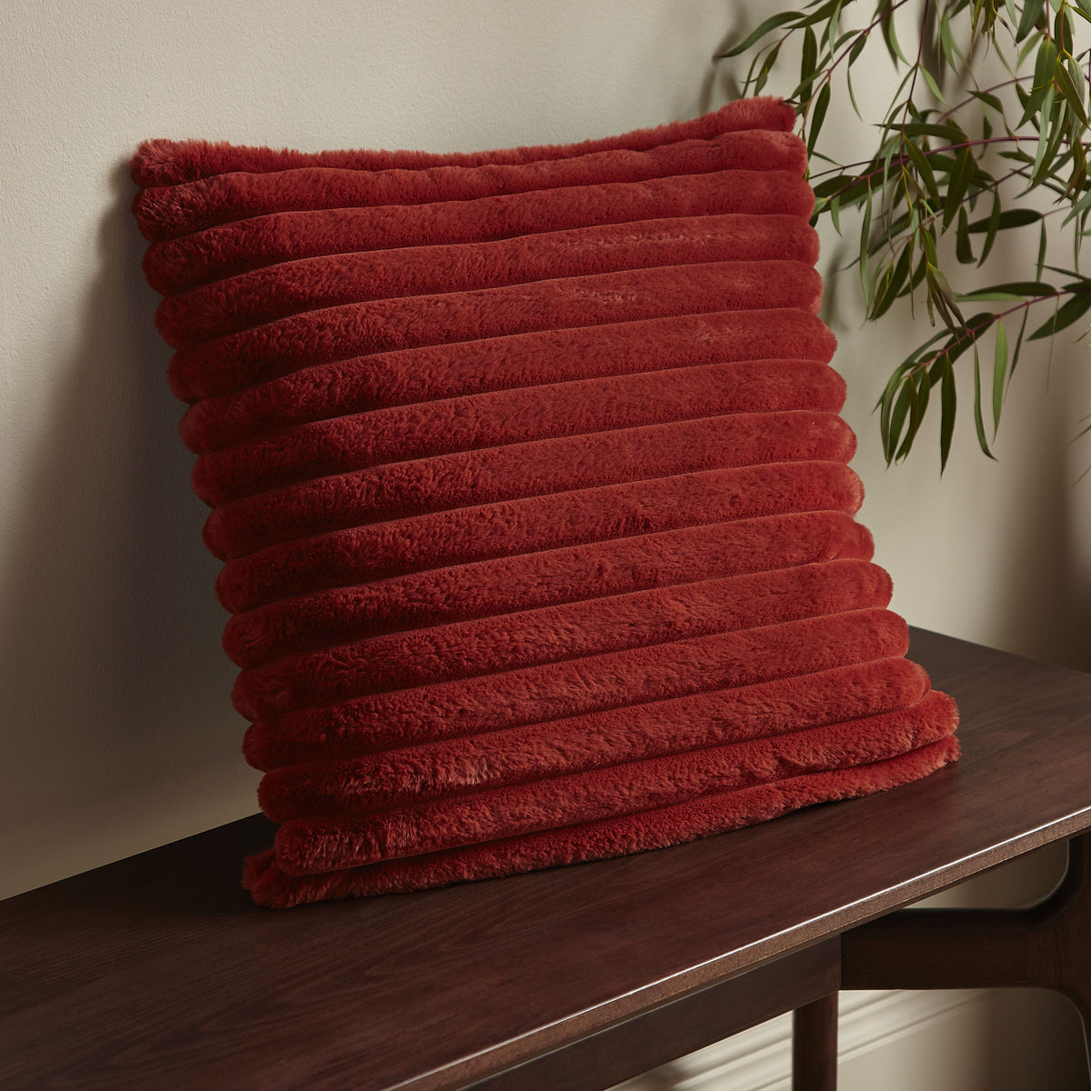 Catherine Lansfield Cosy Ribbed Soft Touch Velvet 45cm x 45cm Filled Cushion Burnt Orange