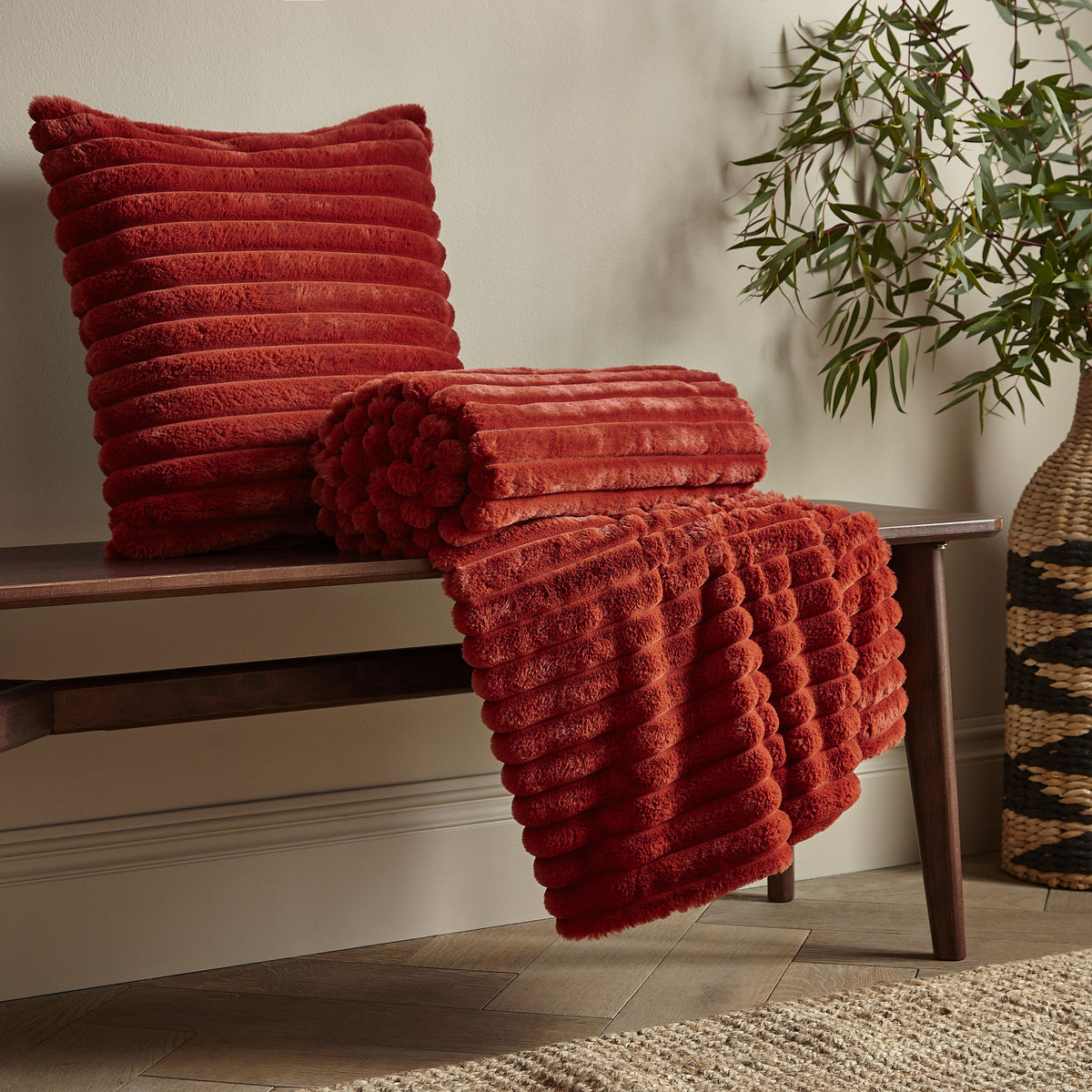 Catherine Lansfield Cosy Ribbed Soft Touch Velvet 45cm x 45cm Filled Cushion Burnt Orange