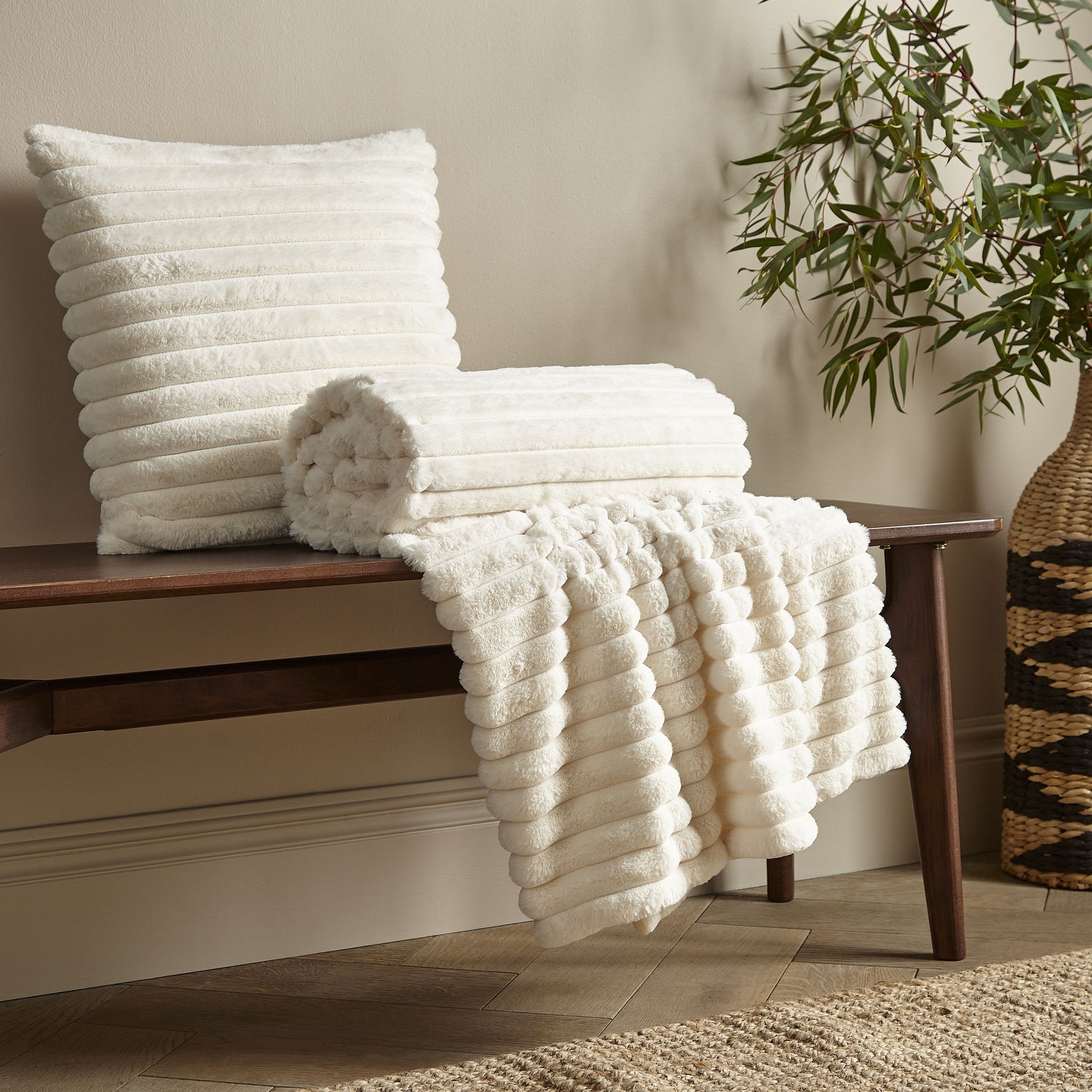Catherine Lansfield Cosy Ribbed Soft Touch Velvet 45cm x 45cm Filled Cushion Cream