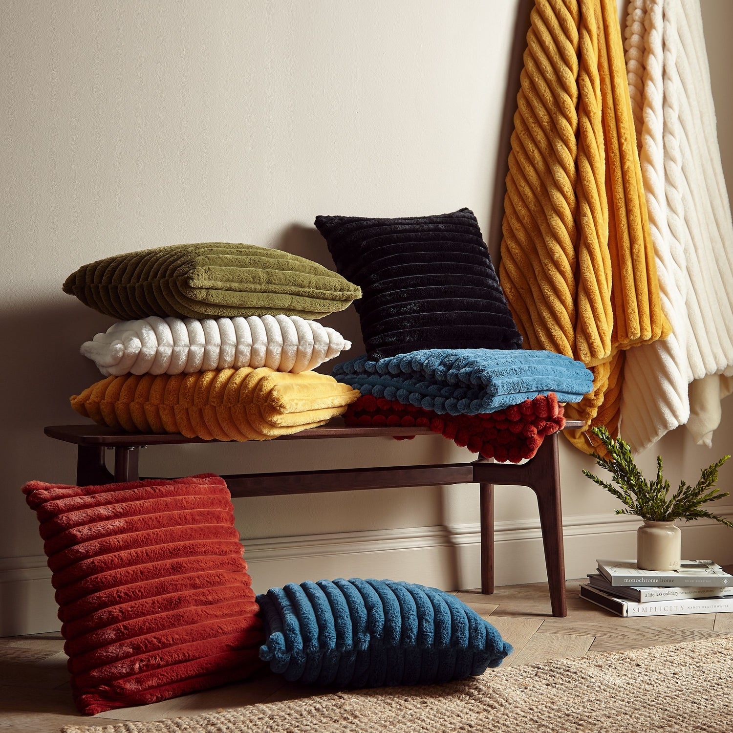 Catherine Lansfield Cosy Ribbed Soft Touch Velvet 45cm x 45cm Filled Cushion Cream