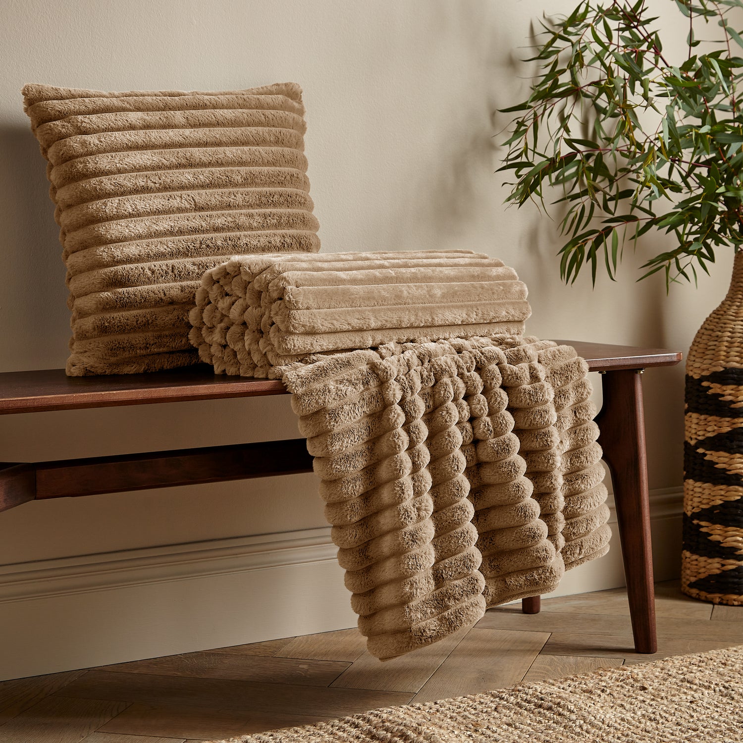 Catherine Lansfield Cosy Ribbed Soft Touch Velvet 45cm x 45cm Filled Cushion Natural