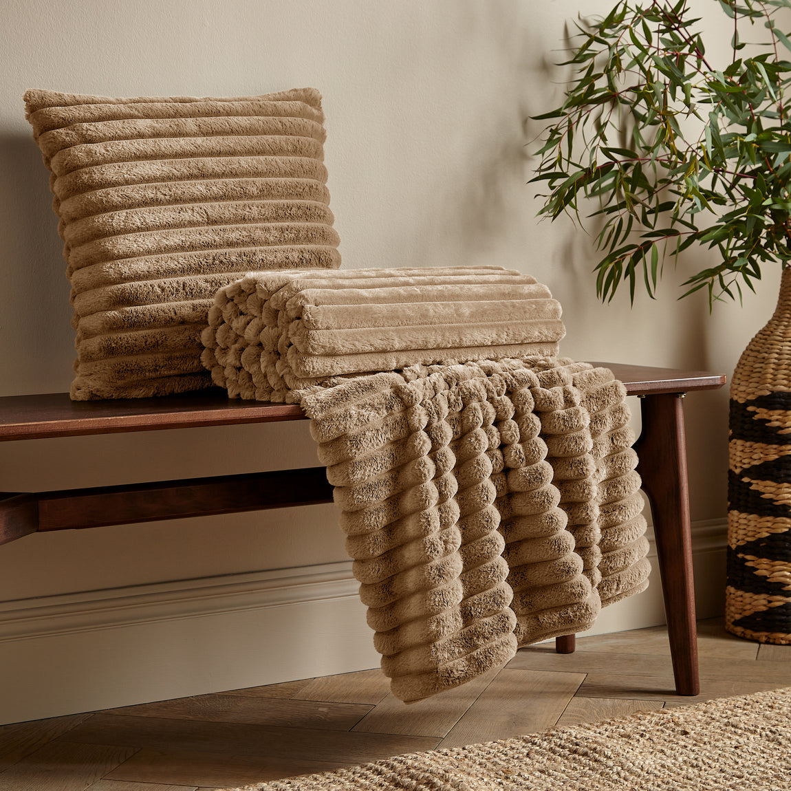 Catherine Lansfield Cosy Ribbed Soft Touch Velvet 45cm x 45cm Filled Cushion Natural