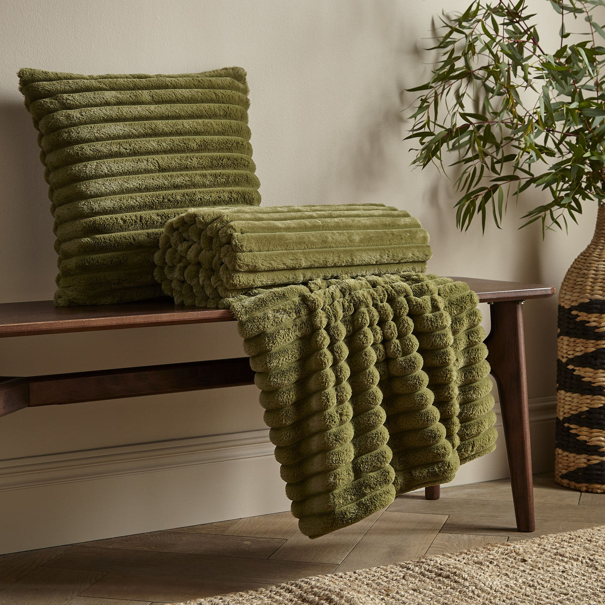 Catherine Lansfield Cosy Ribbed Soft Touch Velvet 45cm x 45cm Filled Cushion Olive Green