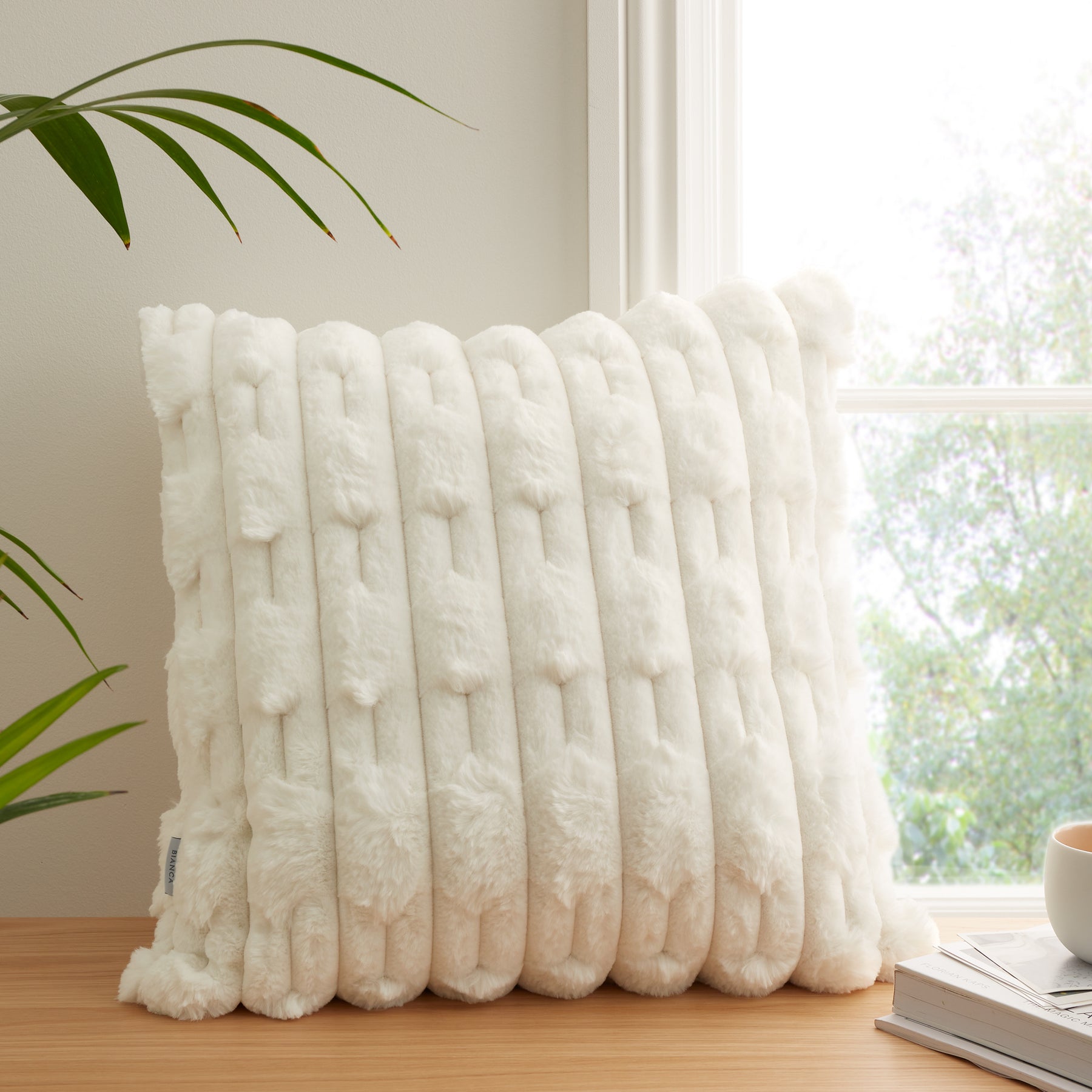 Bianca Carved Faux Fur Filled Cushion 50cm x 50cm Cream