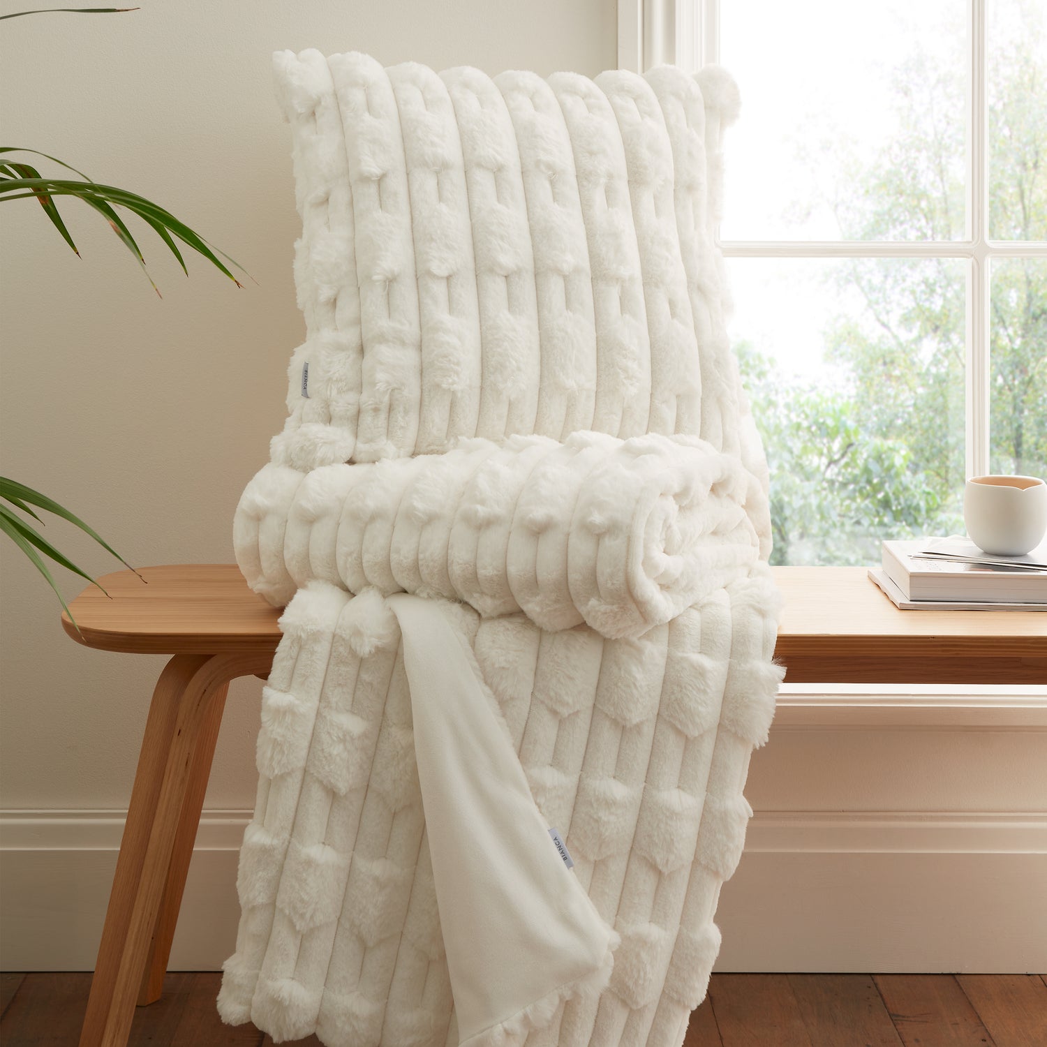 Bianca Carved Faux Fur Filled Cushion 50cm x 50cm Cream